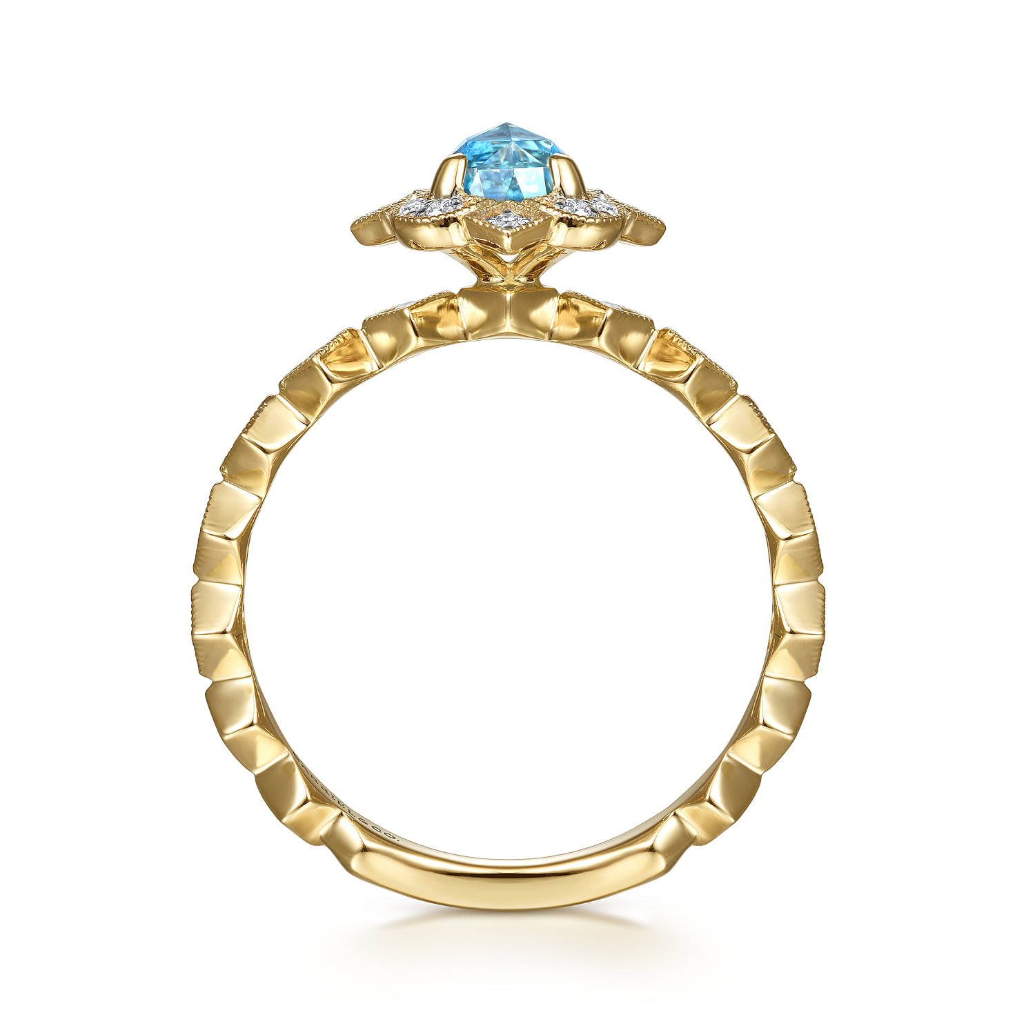 Round Blue Topaz and Diamond Halo Ring in 14K Yellow Gold, photograph 2