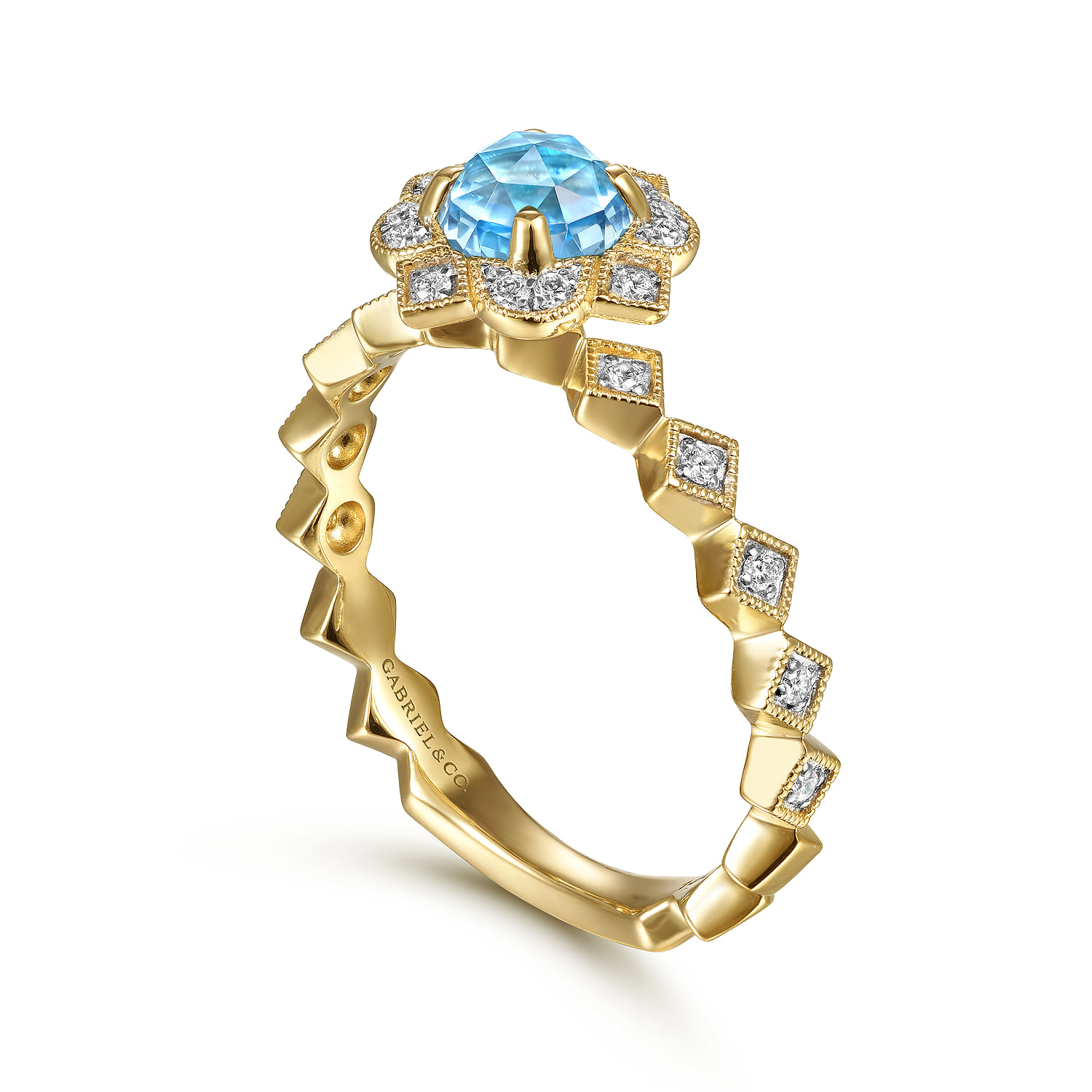 Round Blue Topaz and Diamond Halo Ring in 14K Yellow Gold, photograph 3