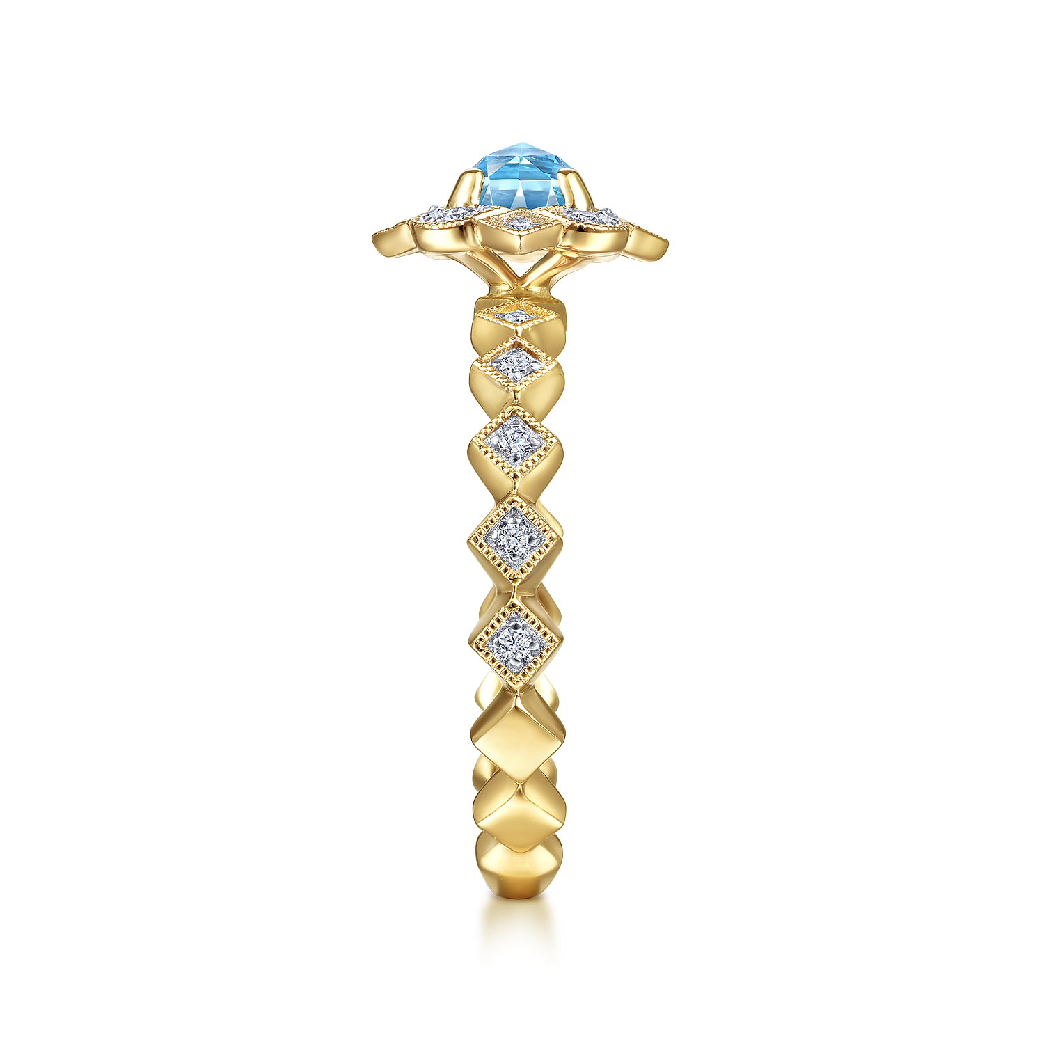 Round Blue Topaz and Diamond Halo Ring in 14K Yellow Gold, photograph 4