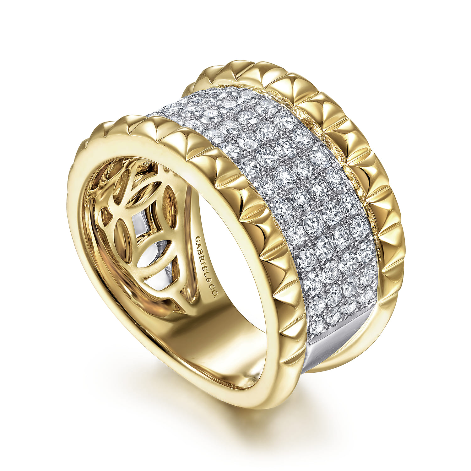 Wide Diamond and Pyramid Ring in 14K White/Yellow Gold, photograph 3