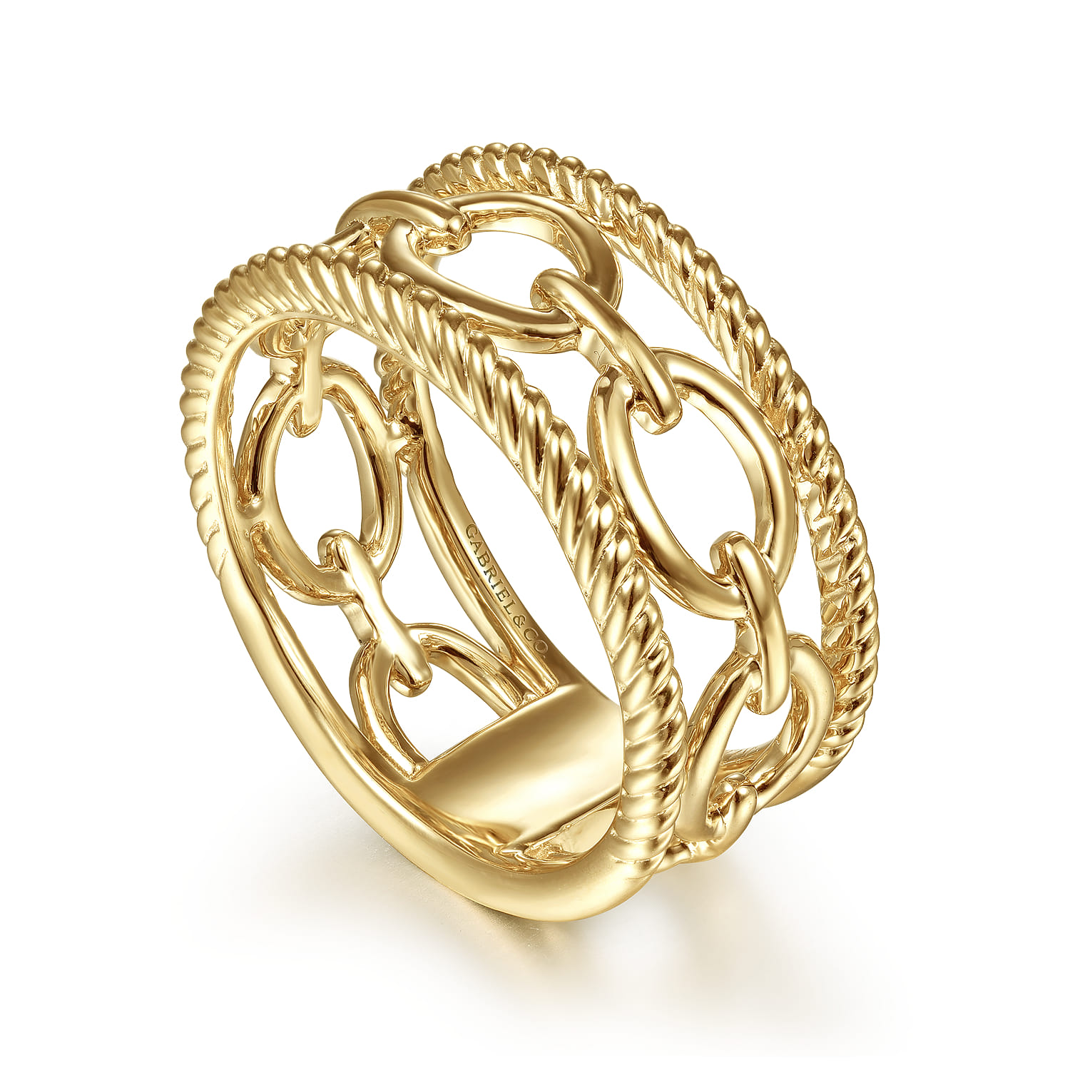 Chain Link Ring with Twisted Rope Frame in 14K Yellow Gold, photograph 3