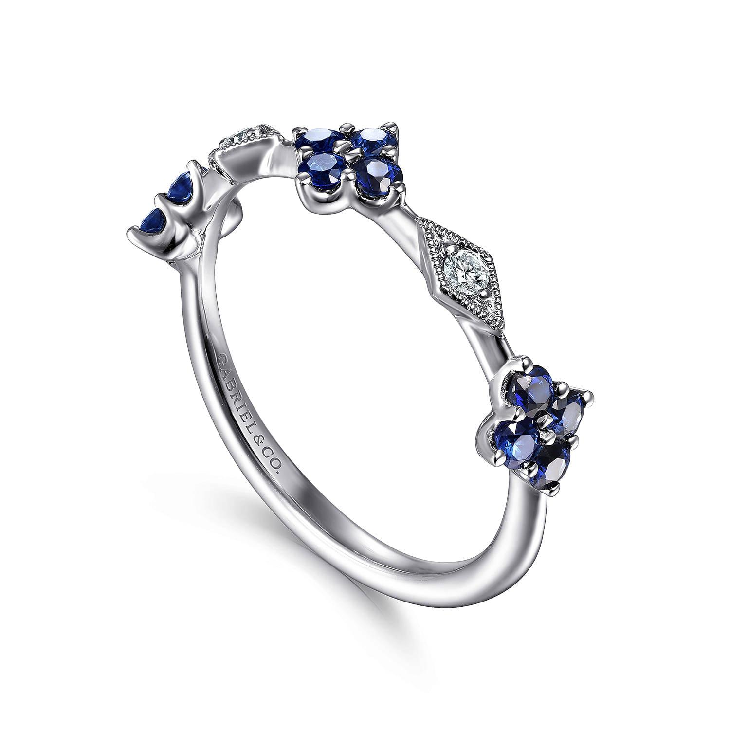 Sapphire Clover and Diamond Station Ring in 14K White Gold, photograph 3
