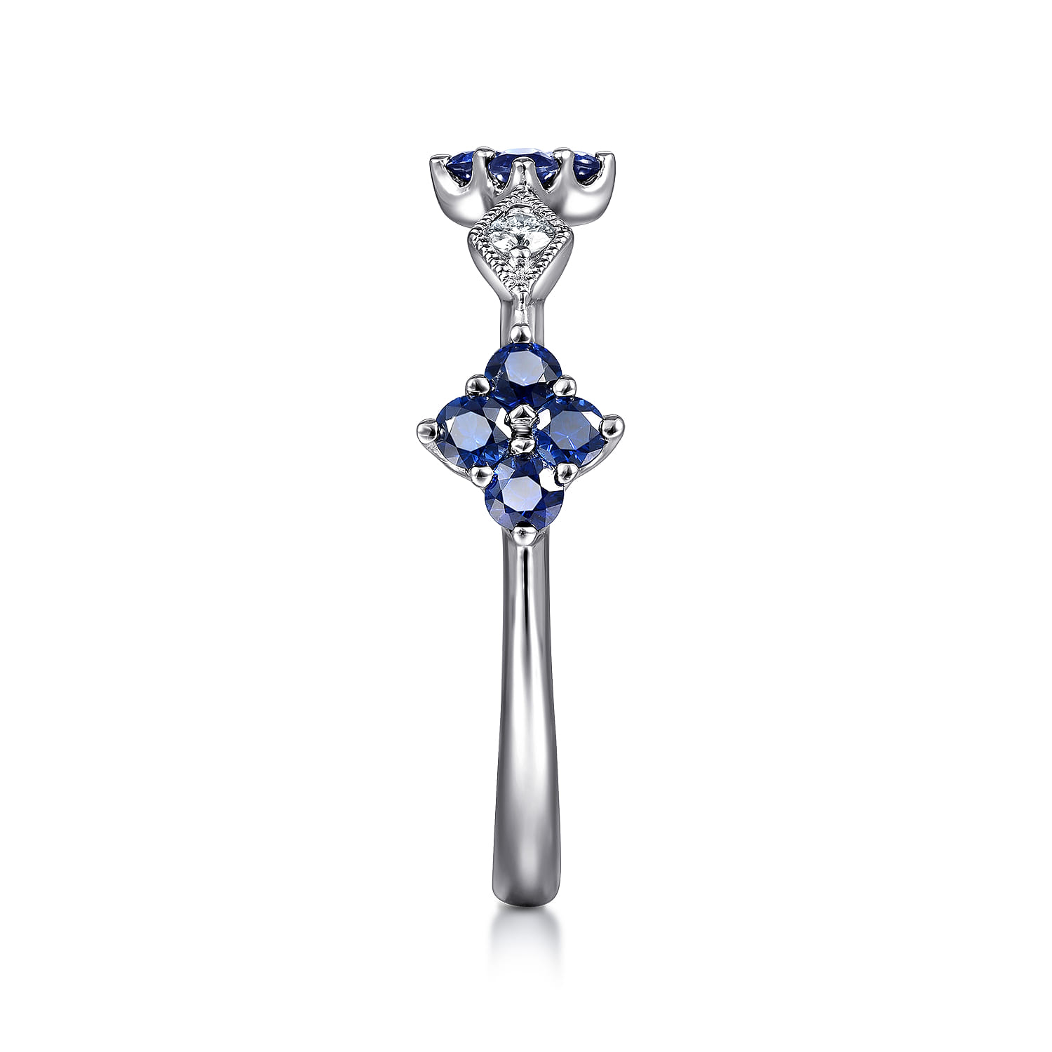Sapphire Clover and Diamond Station Ring in 14K White Gold, photograph 4