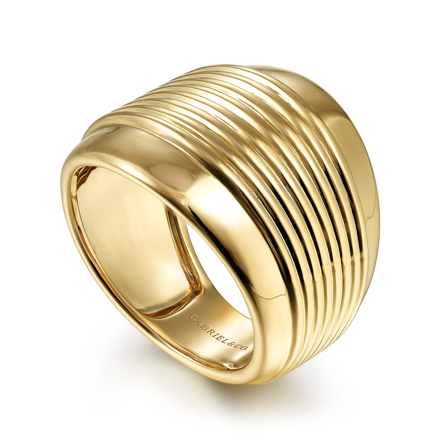 Wide Band Ring with Textured Center Rows in 14K Yellow Gold, photograph 3
