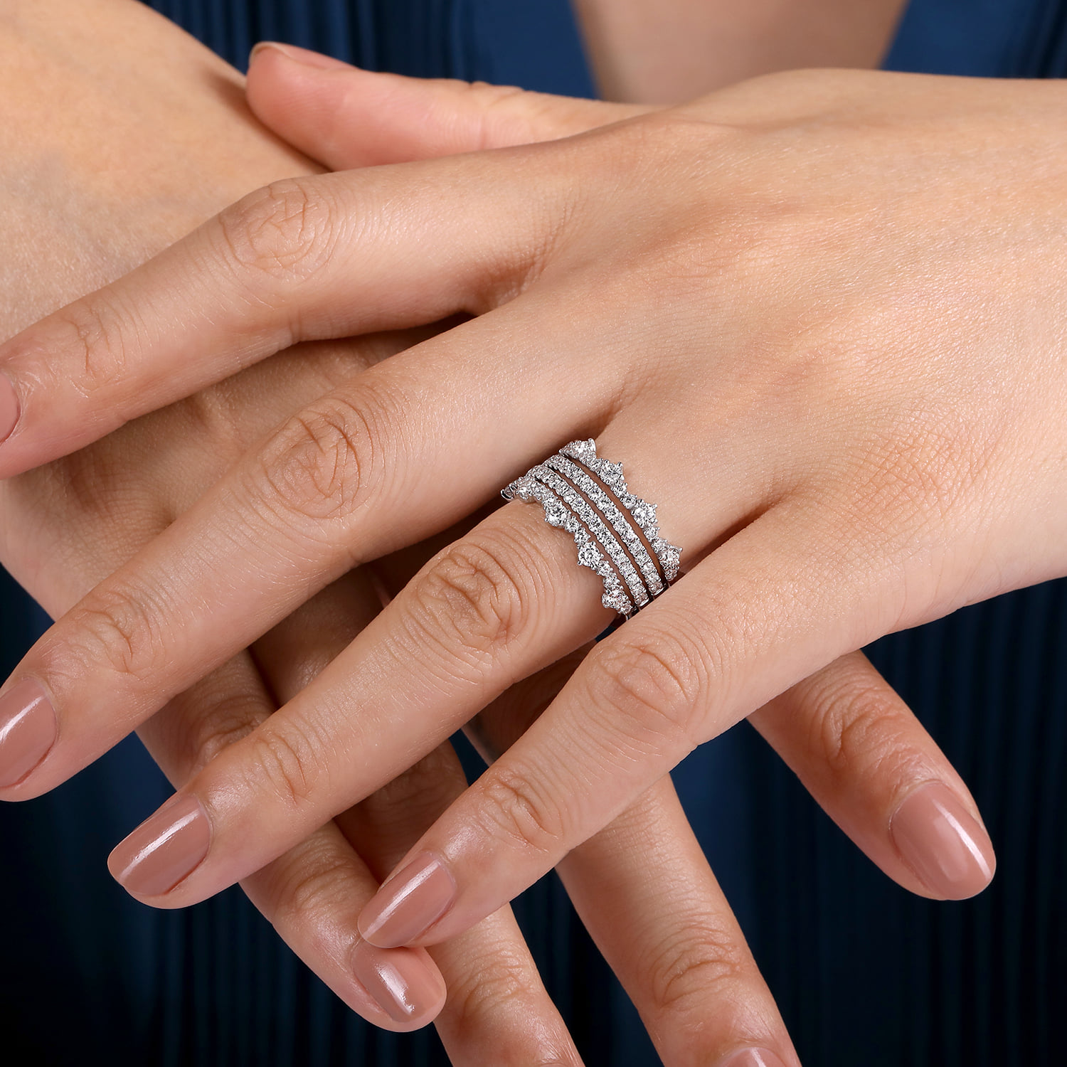 Wide Four Row Diamond Ring in 14K White Gold, photograph 5