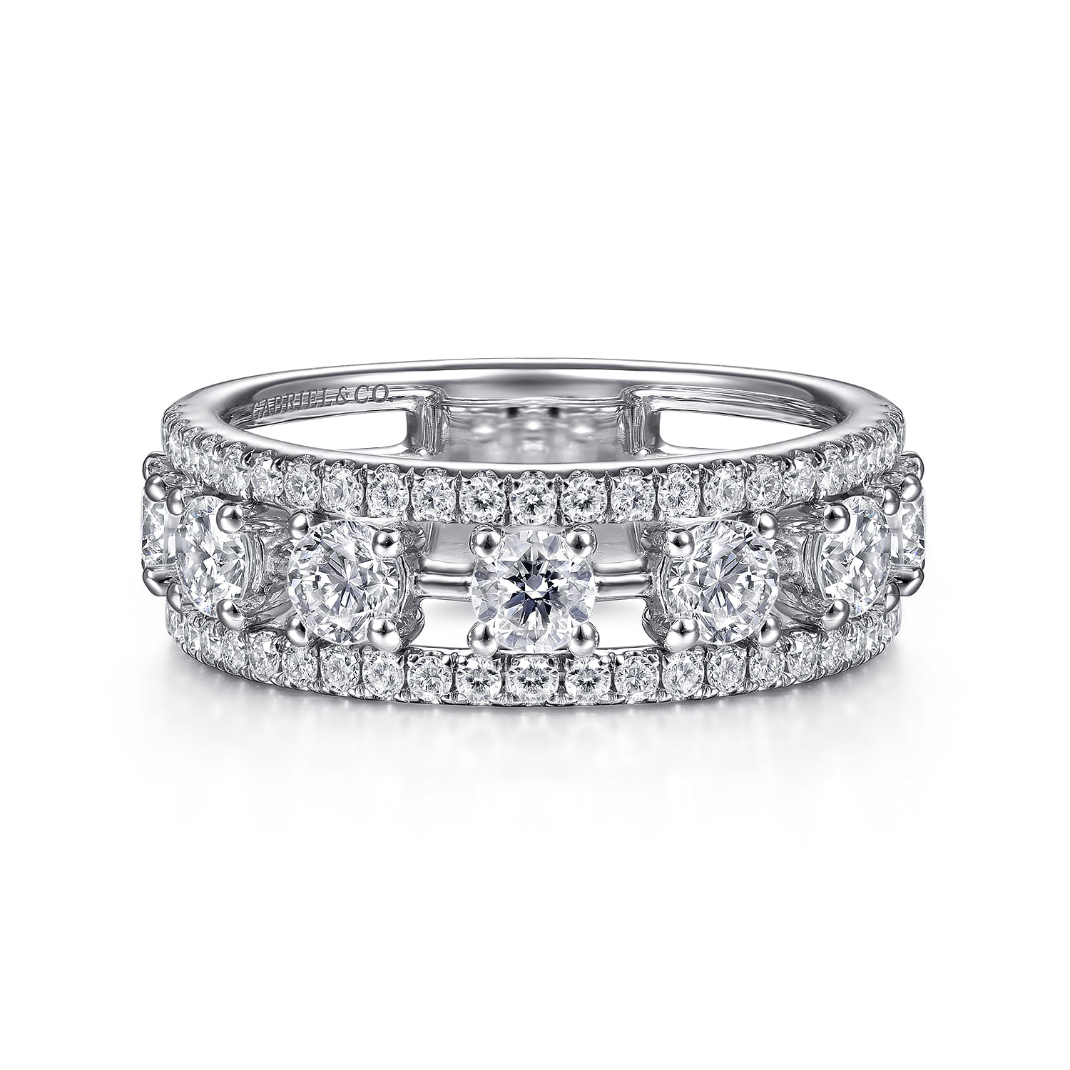Three Row Diamond Station Wide Band Ring