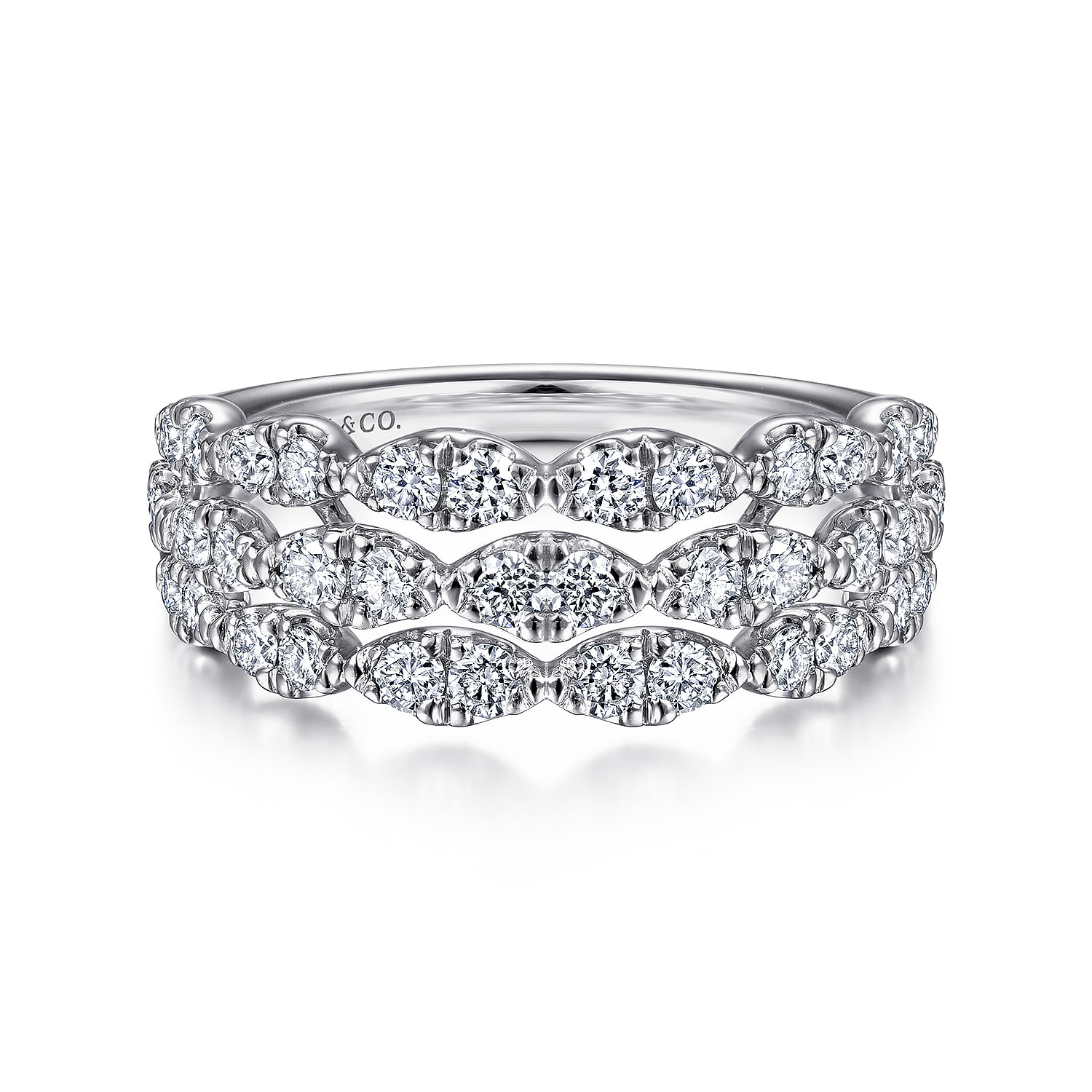 Three Row Cluster Diamond Station Ring in 14K White Gold