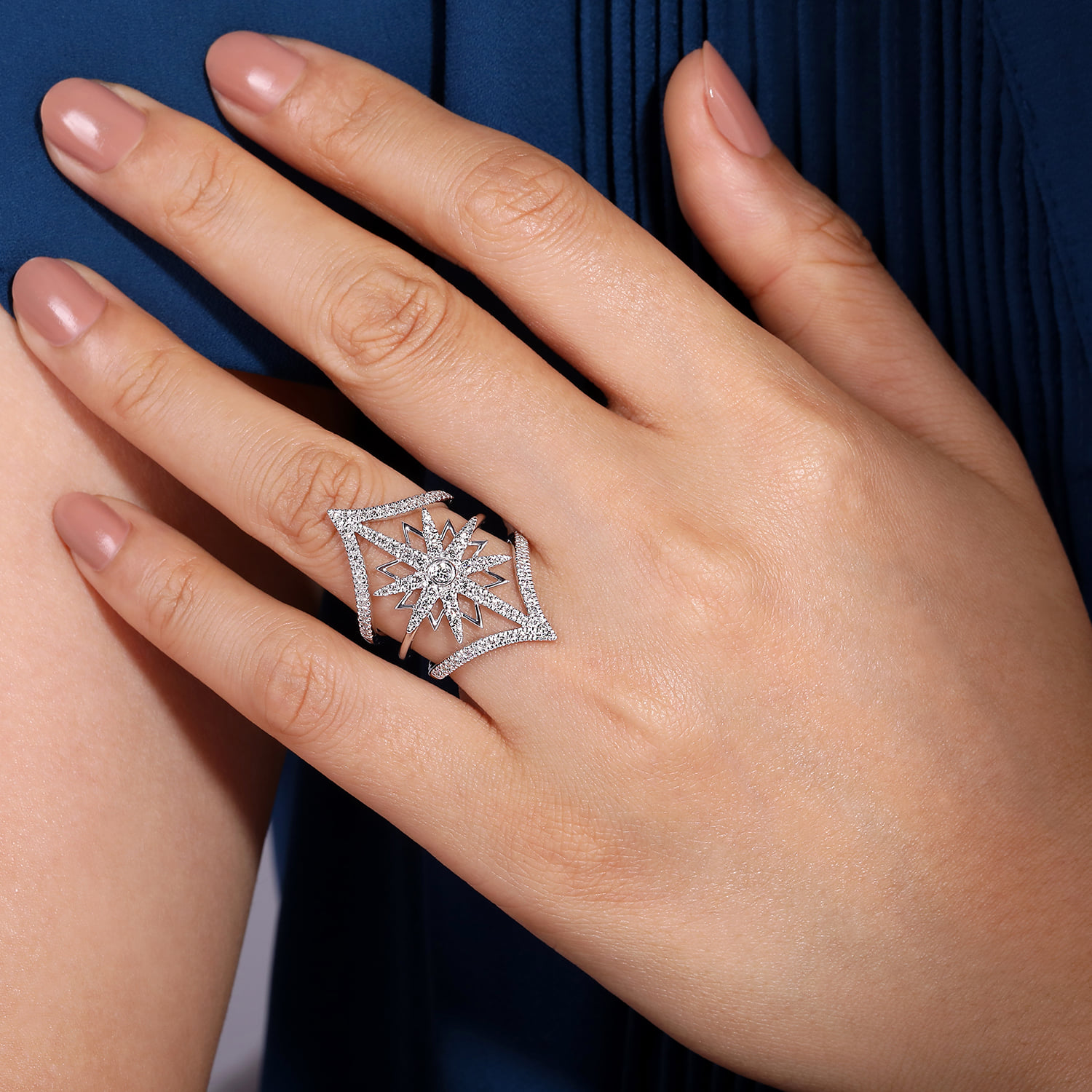 Diamond Starburst Chevron Statement Ring in 14K White Gold, photograph 5