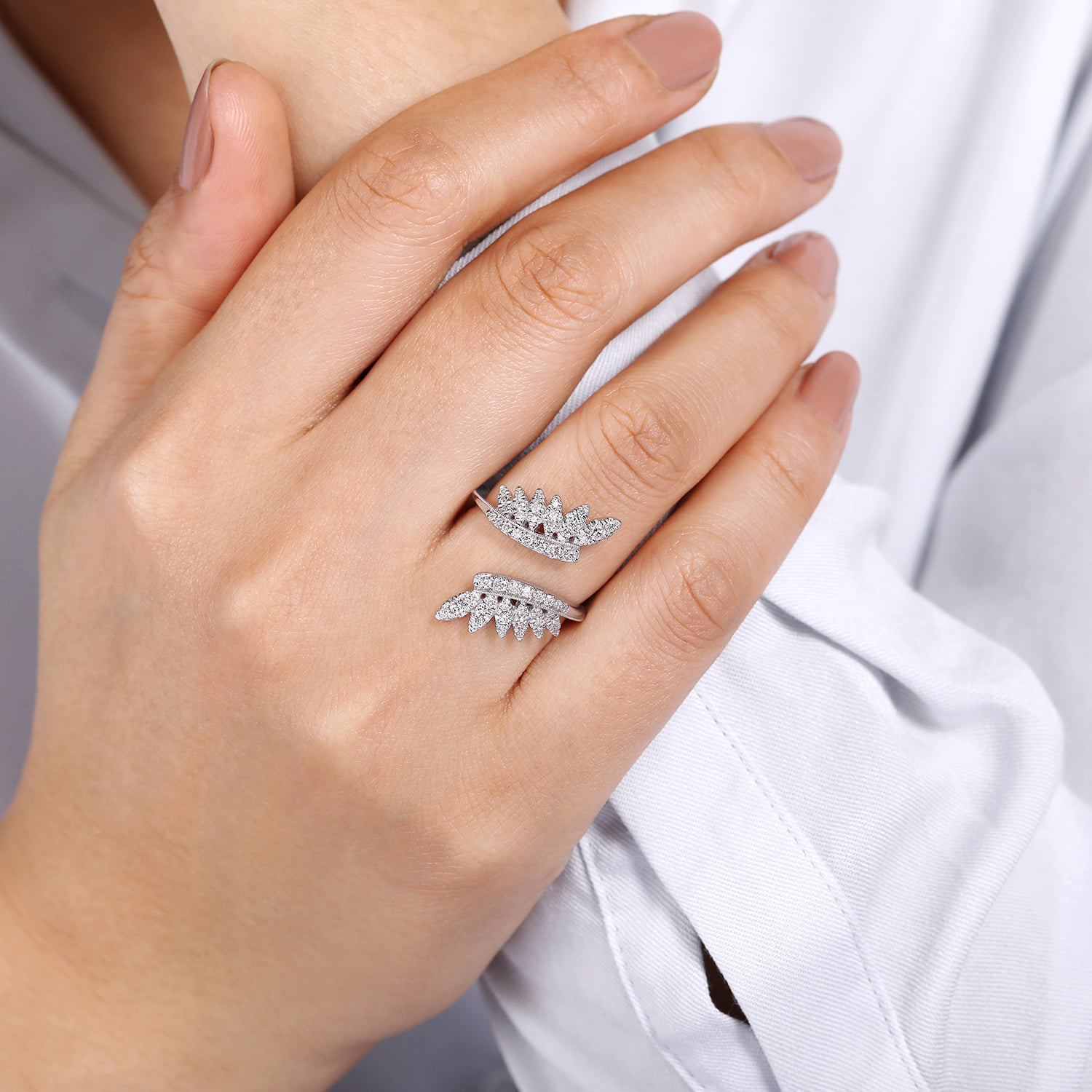 Diamond Leaf Bypass Ring in 14K White Gold, photograph 5