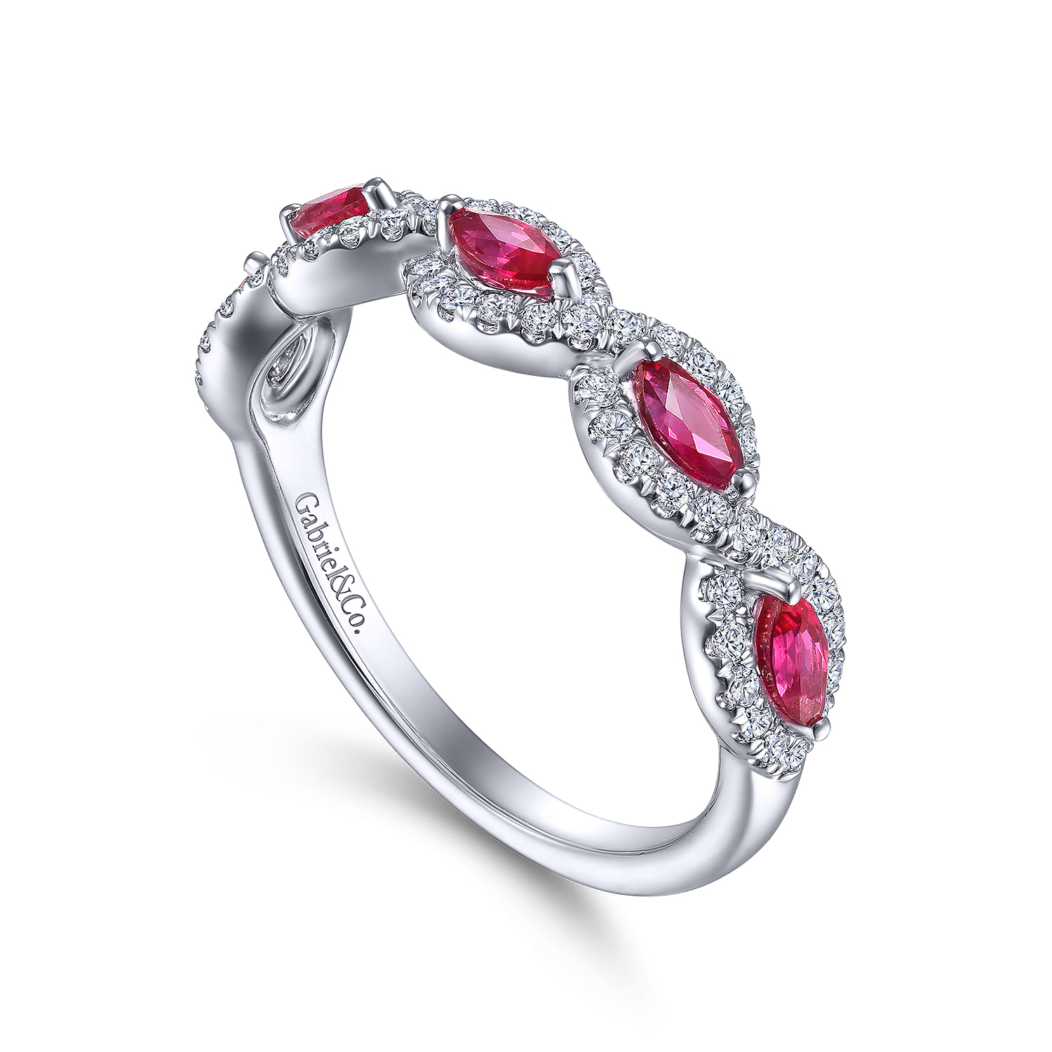 Diamond and Marquise Ruby Twisted Ring in 14K White Gold, photograph 3