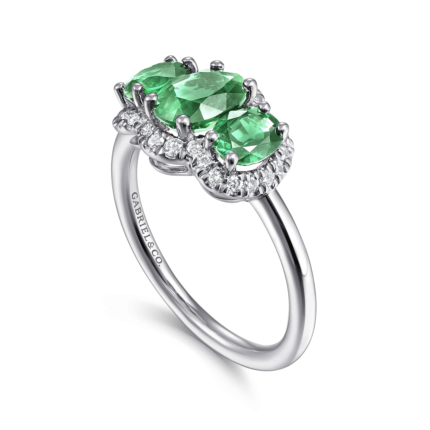 Diamond and Emerald Oval Halo Ring in 14K White Gold, photograph 3