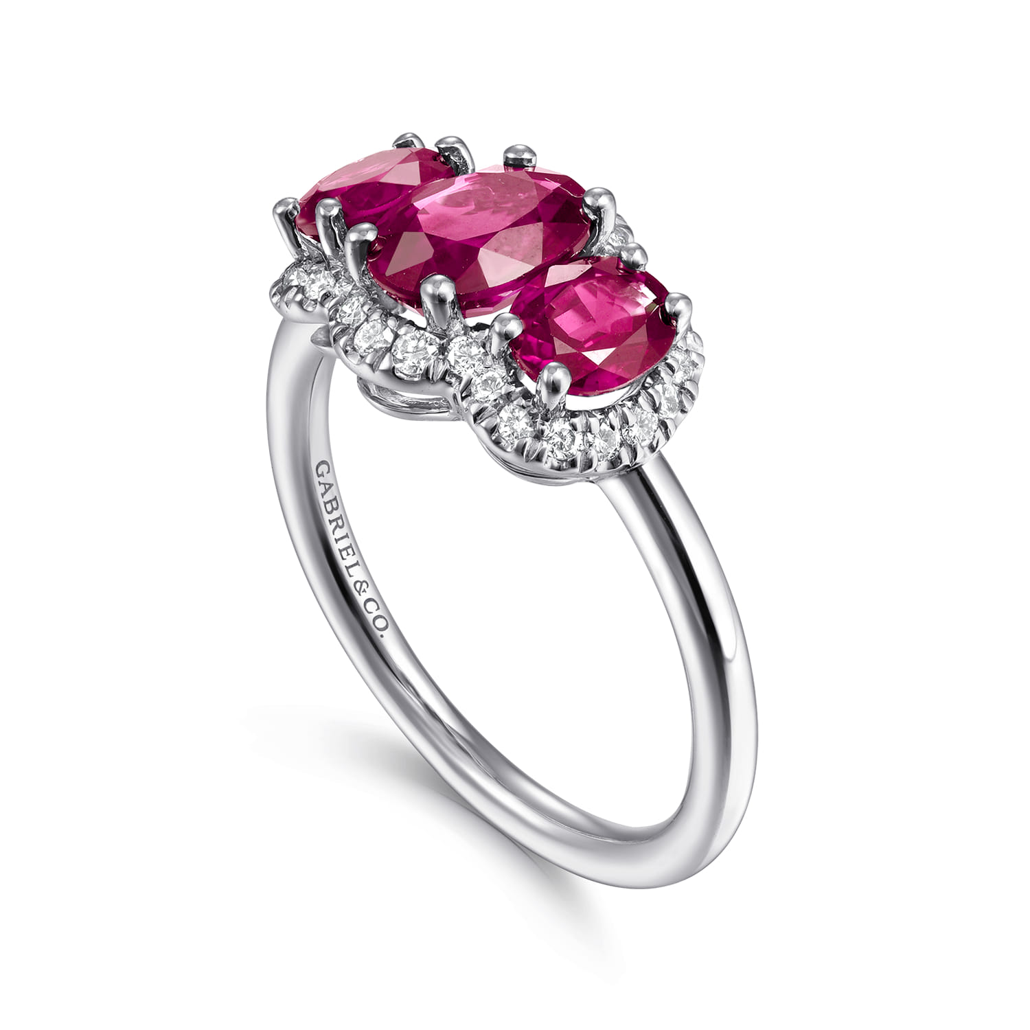 Diamond and Ruby Oval Halo Ring in 14K White Gold, photograph 3