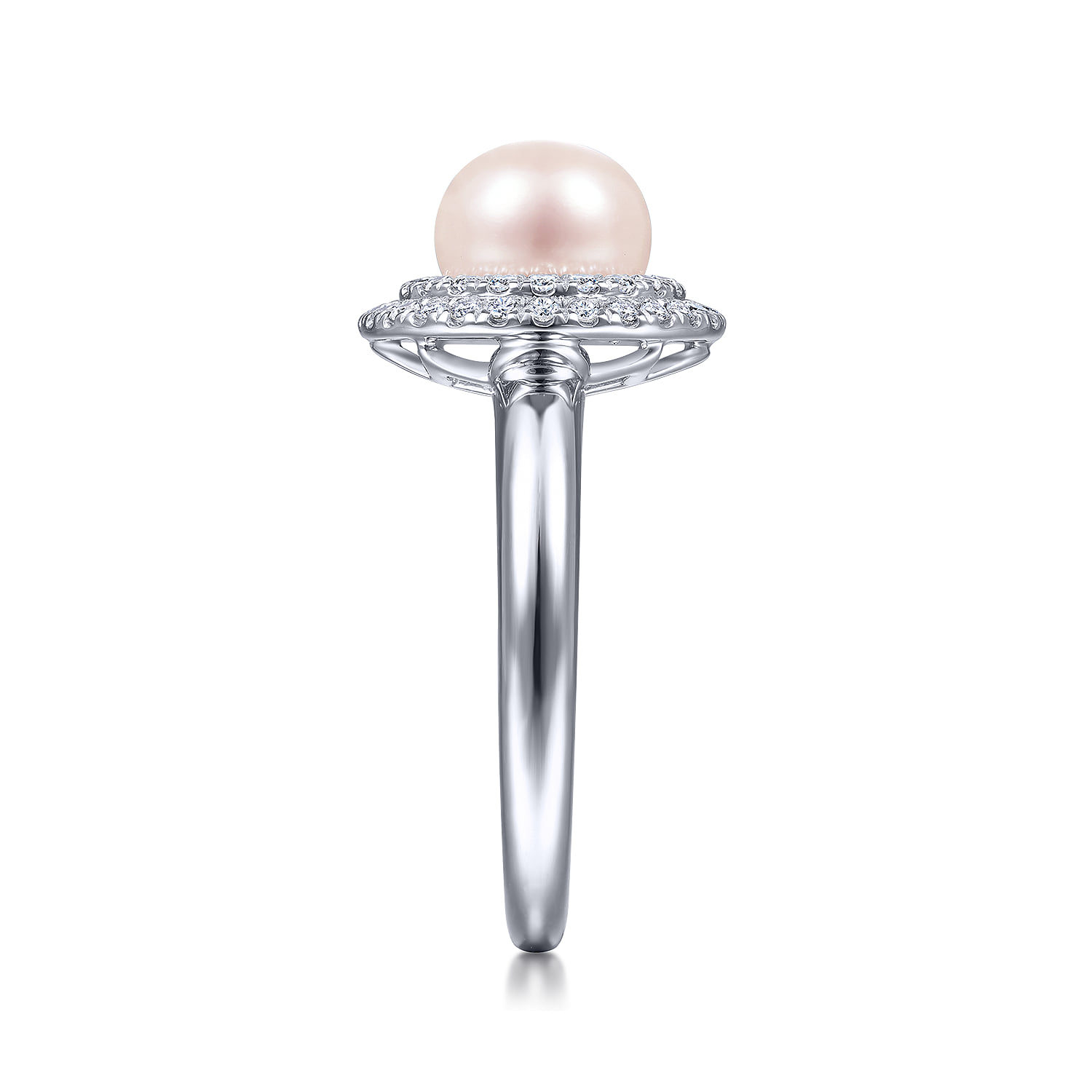 Pearl Ring with Diamond Double Halo in 14K White Gold, photograph 4