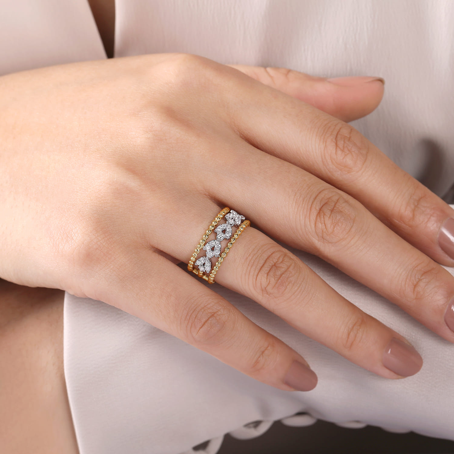 Floral Diamond Clusters and Bujukan Bead Ring in 14K White/Yellow Gold, photograph 5