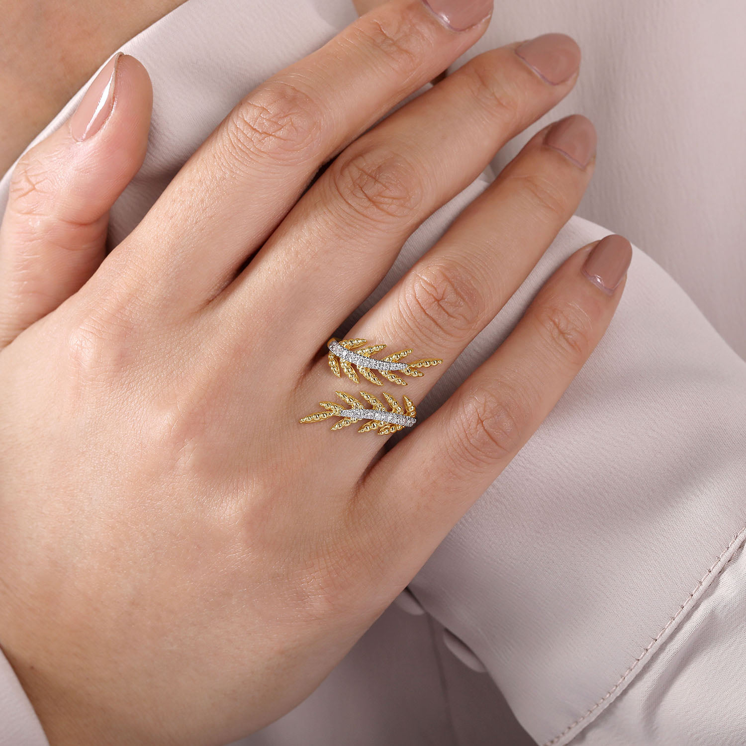 Olive Branch Bypass Ring with Diamonds in 14K Yellow Gold, photograph 5