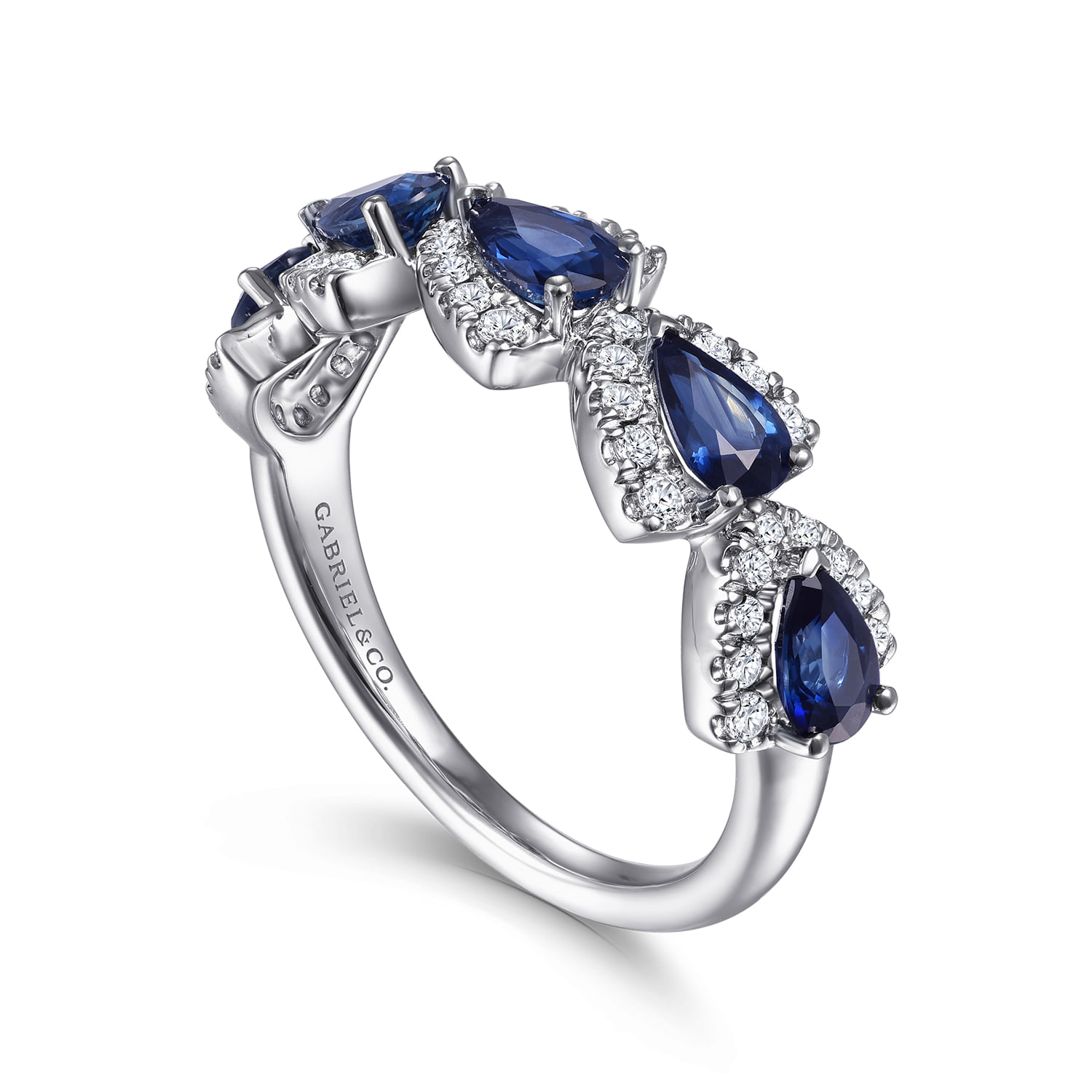 Diamond and Pear Shape Sapphire Station Ring in 14K White Gold, photograph 3