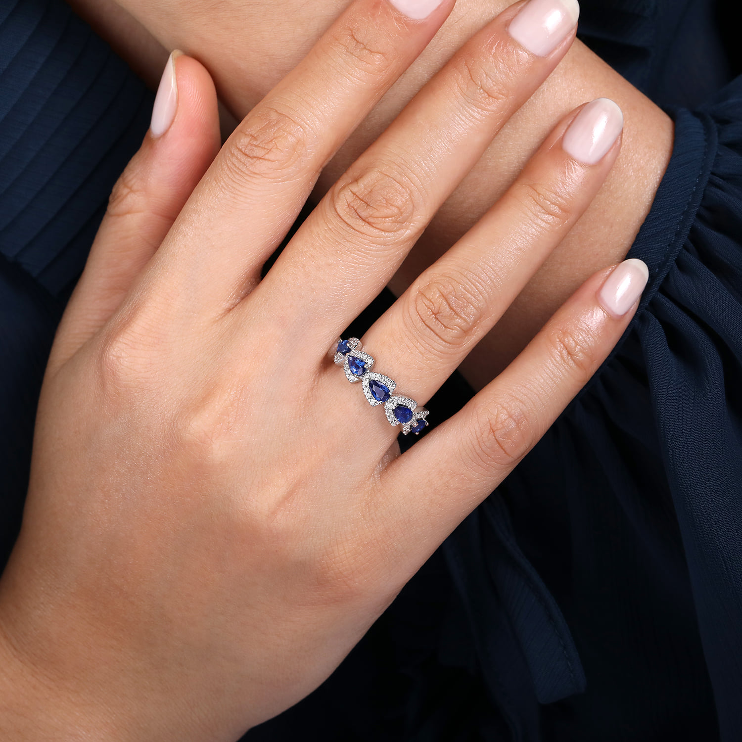 Diamond and Pear Shape Sapphire Station Ring in 14K White Gold, photograph 5
