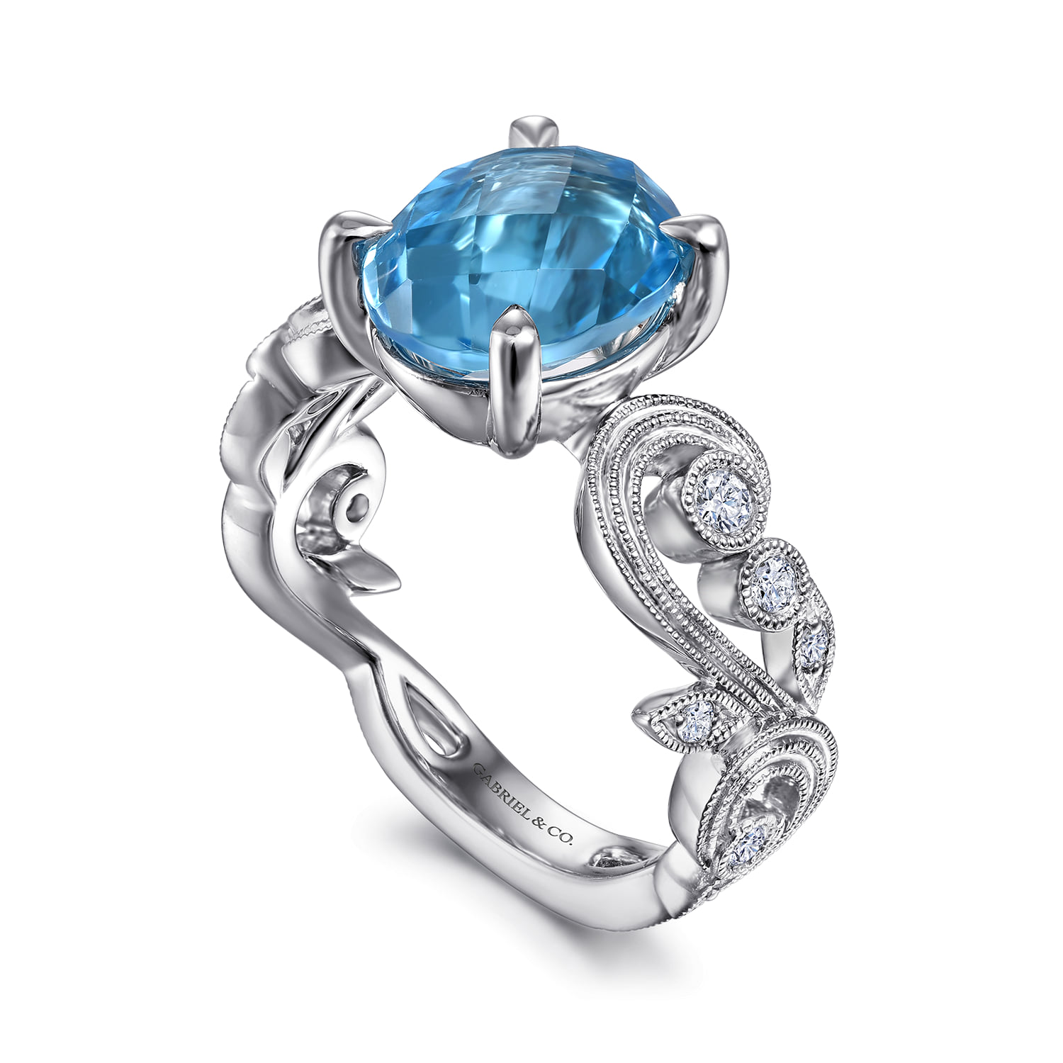 Vintage Diamond and Blue Topaz Oval Ring in 14K White Gold, photograph 3