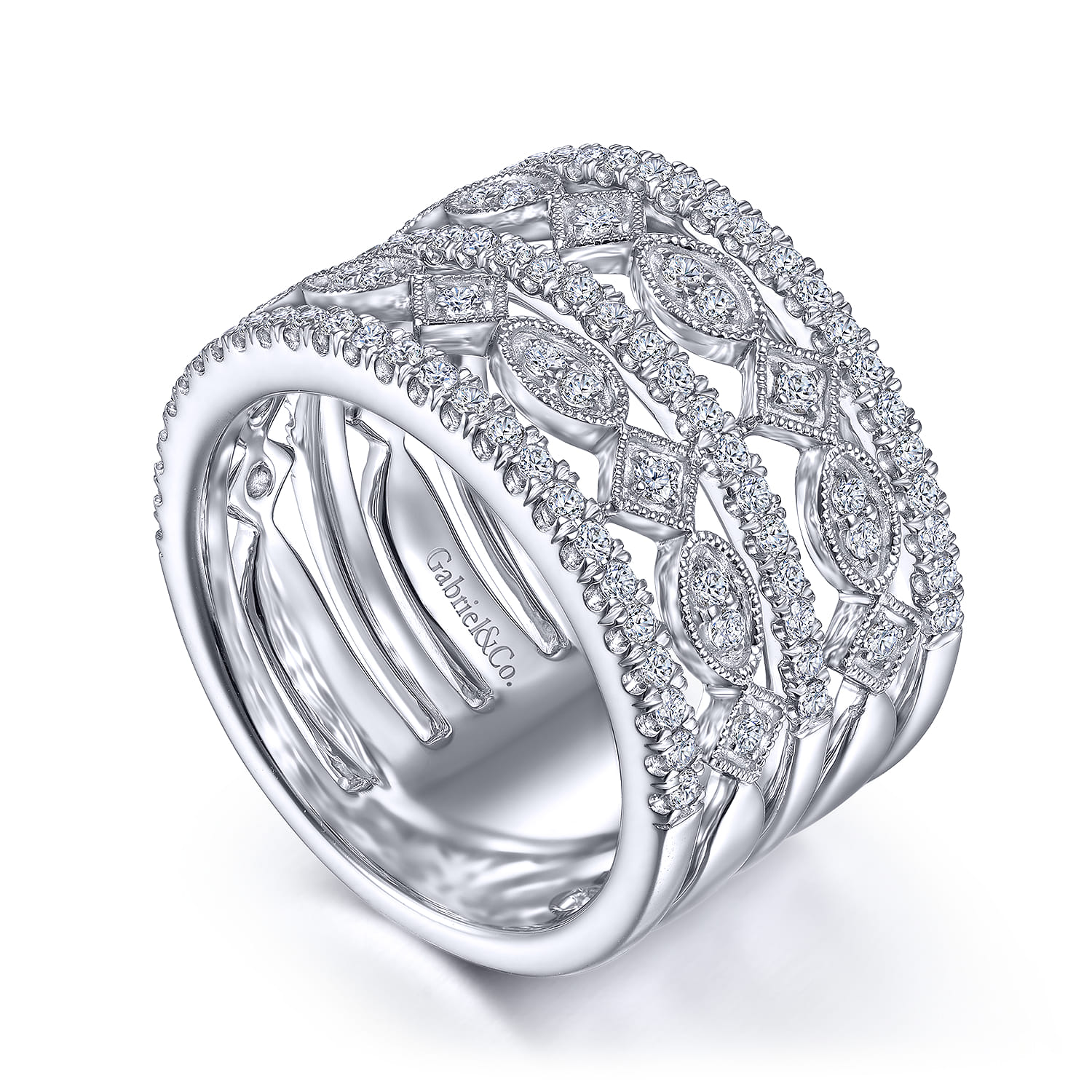 Wide Vintage Inspired Diamond Ring in 14K White Gold, photograph 3