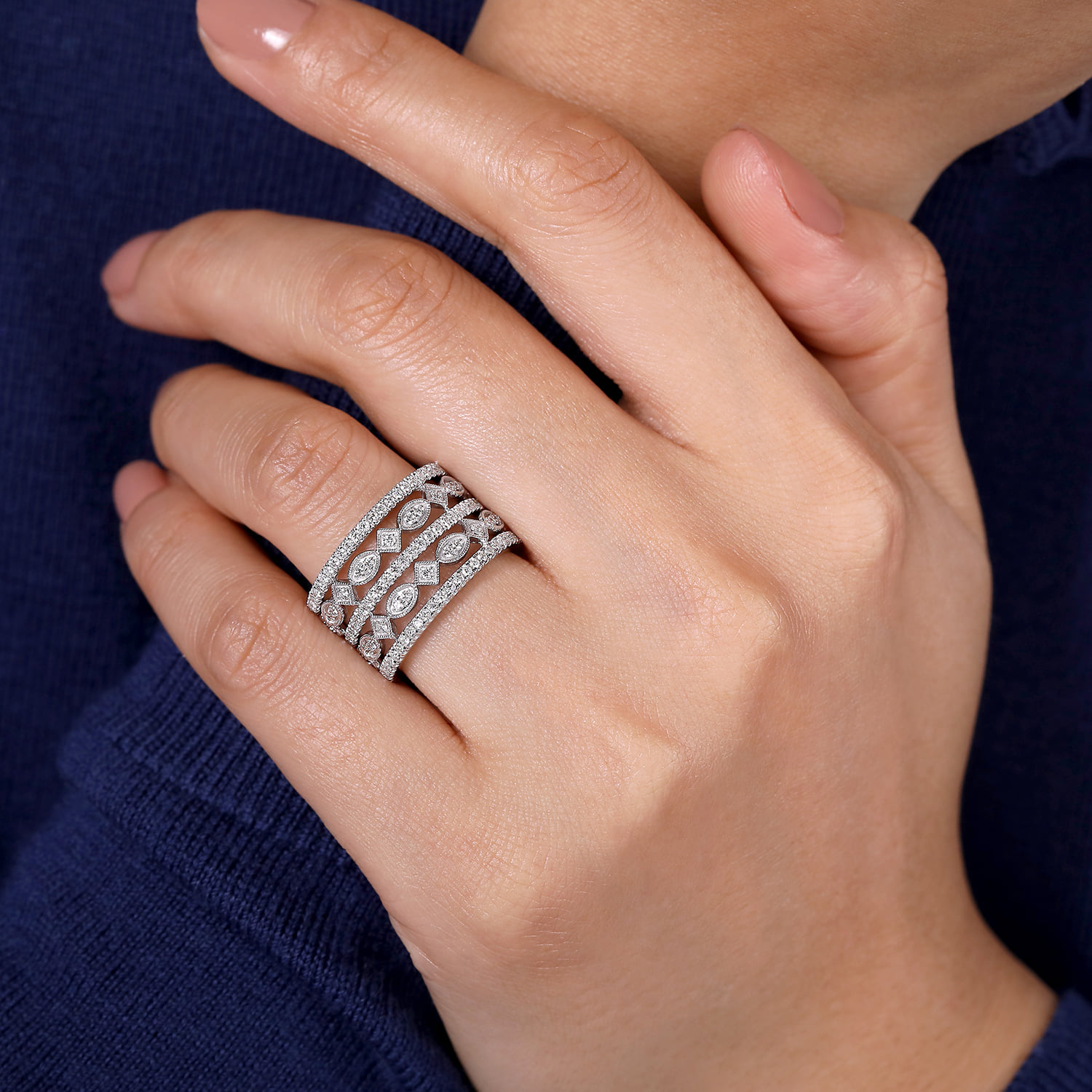 Wide Vintage Inspired Diamond Ring in 14K White Gold, photograph 5