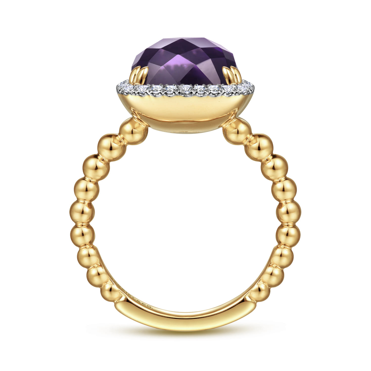Cushion Cut Amethyst and Diamond Halo Ring in 14K Yellow Gold, photograph 2