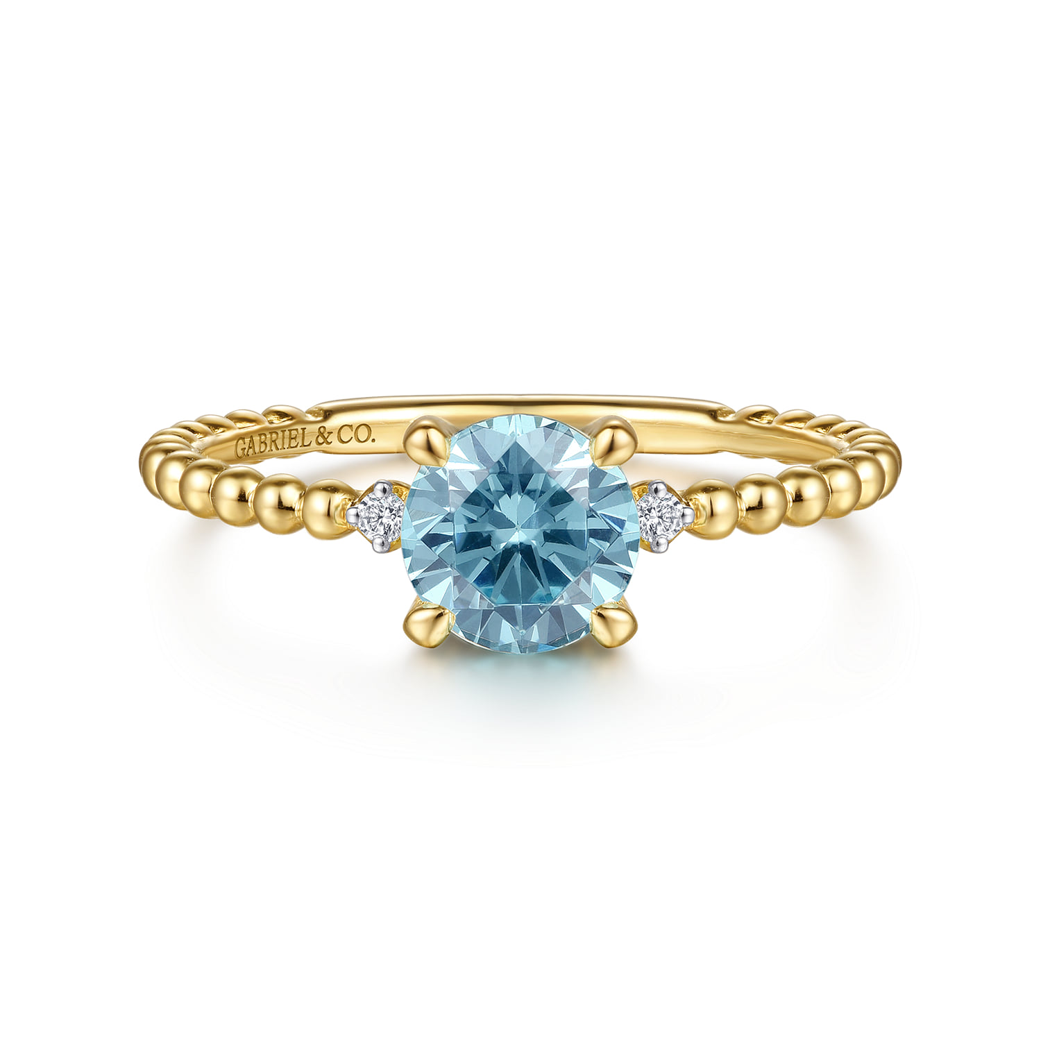 Round Swiss Blue Topaz and Diamond Bujukan Promise Ring in 14K Yellow Gold