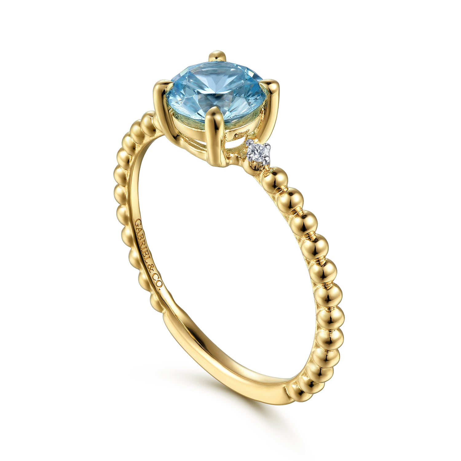 Round Swiss Blue Topaz and Diamond Bujukan Promise Ring in 14K Yellow Gold, photograph 3