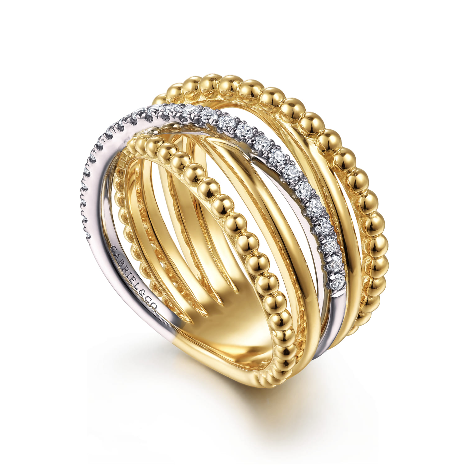 Wide Band Criss Cross Ring Diamond 0.25ct Bujukan in 14K White/Yellow Gold, photograph 3