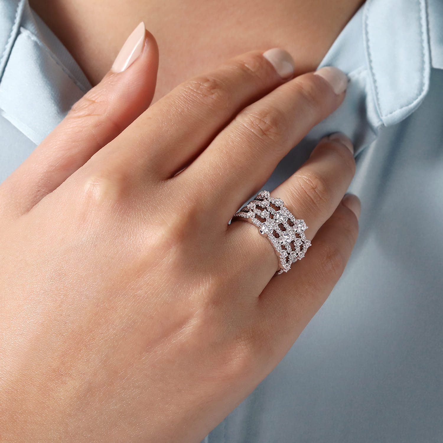 Layered Wide Band Diamond Ring in 14K White Gold, photograph 5