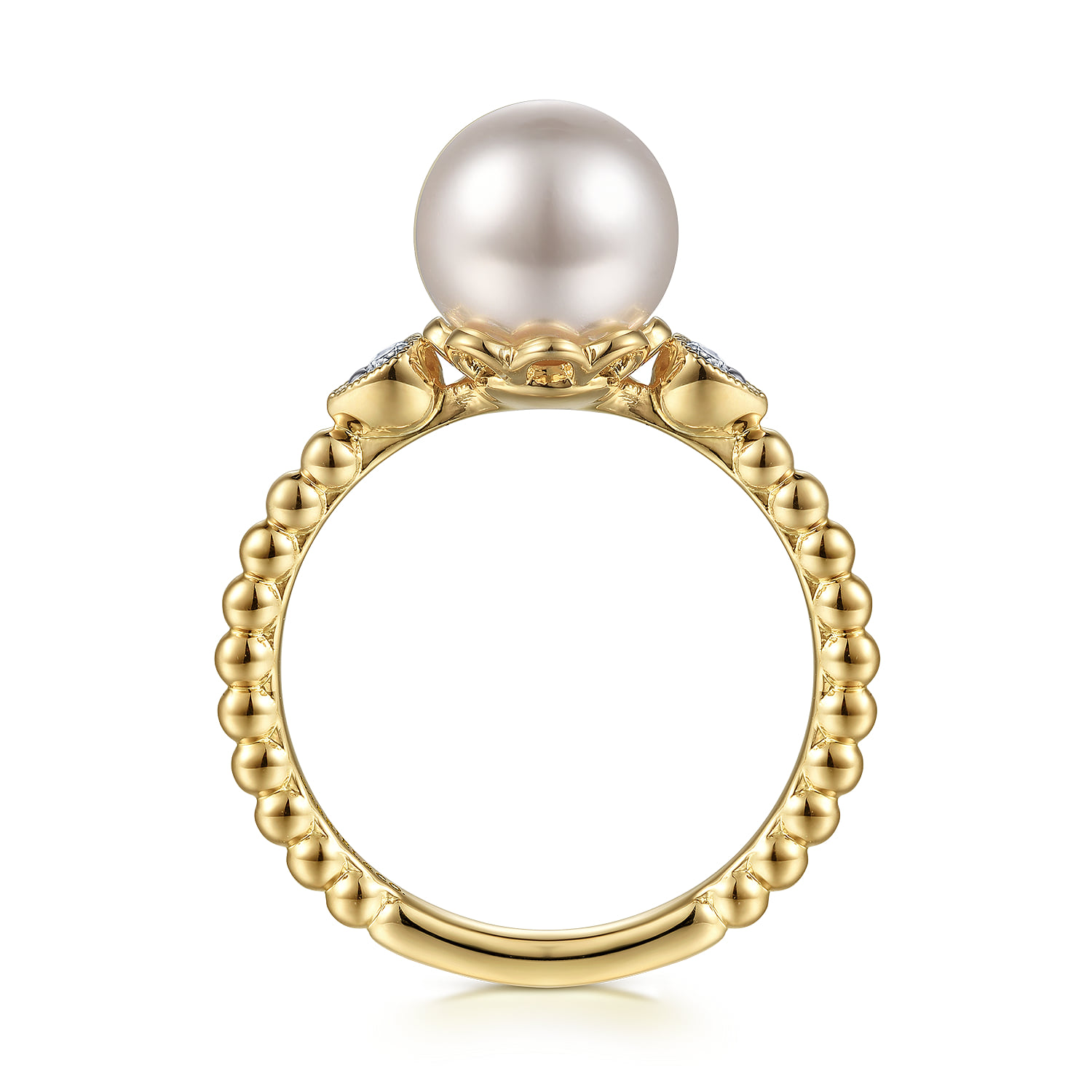 Diamond and Pearl Bujukan Promise Ring in 14K Yellow Gold, photograph 2