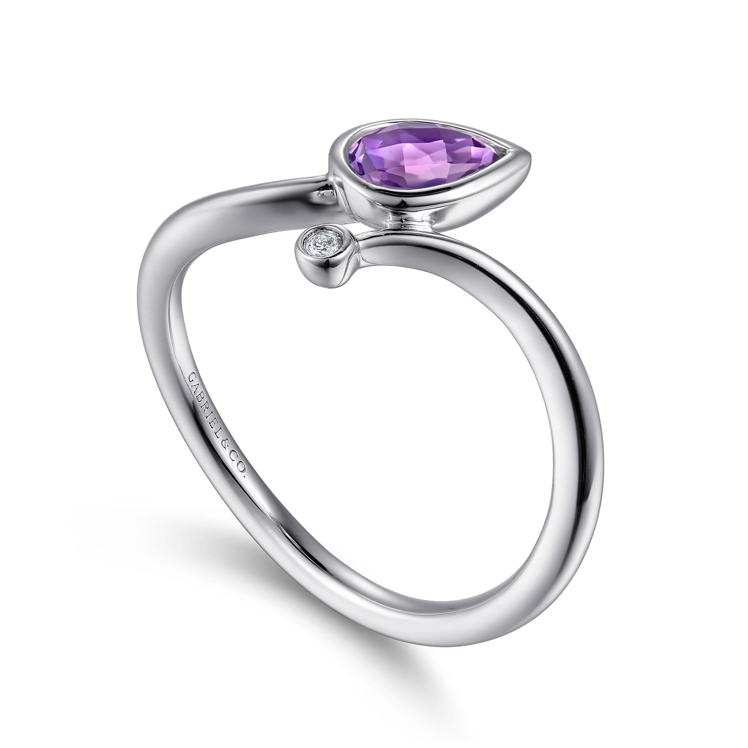 Diamond and Amethyst Teardrop Bypass Ring in Sterling Silver, photograph 3