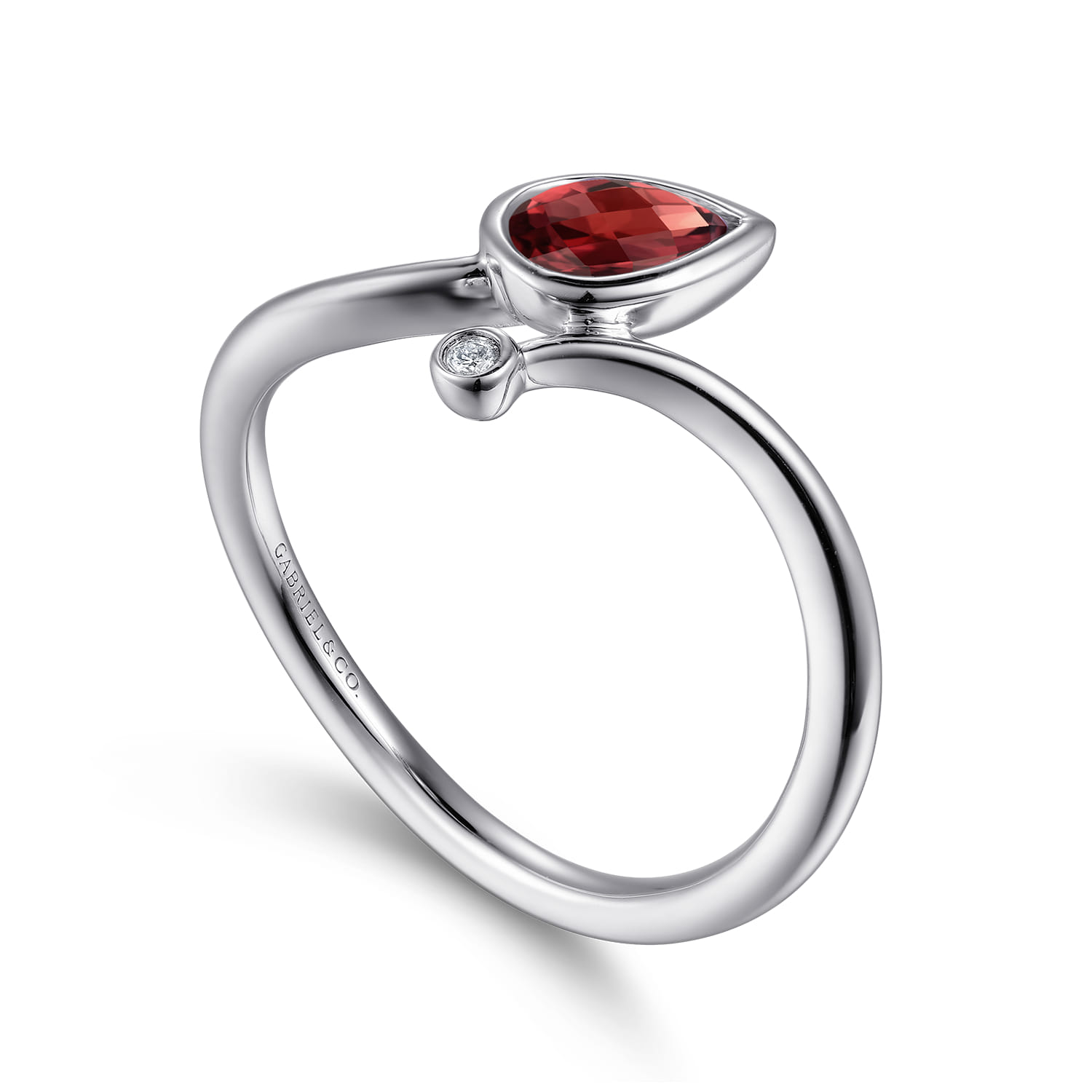 Diamond and Garnet Teardrop Bypass Ring in Sterling Silver, photograph 3