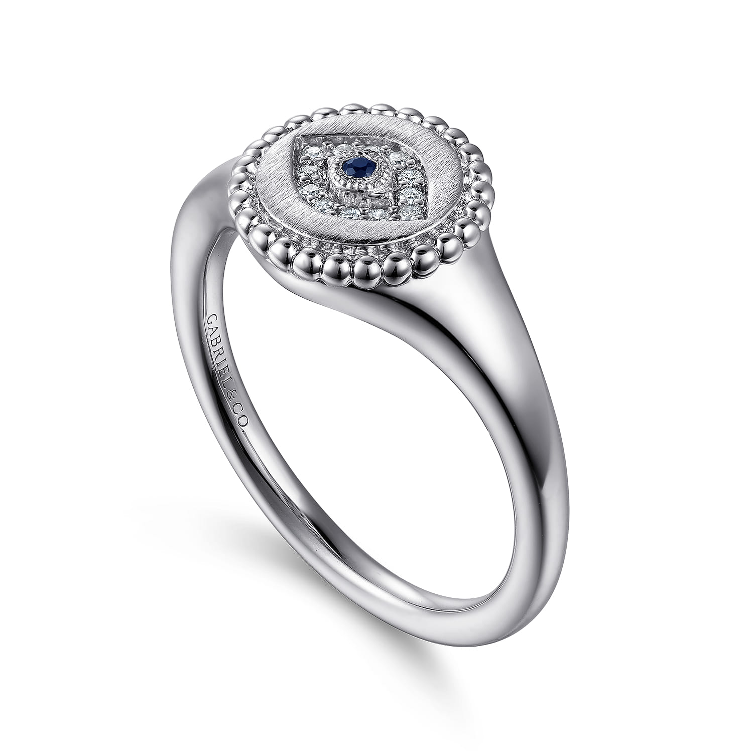 Bujukan Signet Ring with Diamond and Sapphire Evil Eye in Sterling Silver, photograph 3