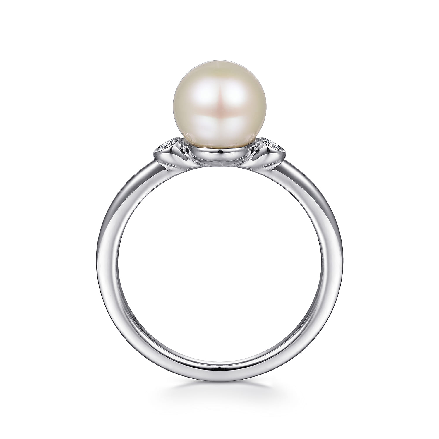 Pearl Ring with Bezel Set Side Diamonds in Sterling Silver, photograph 2