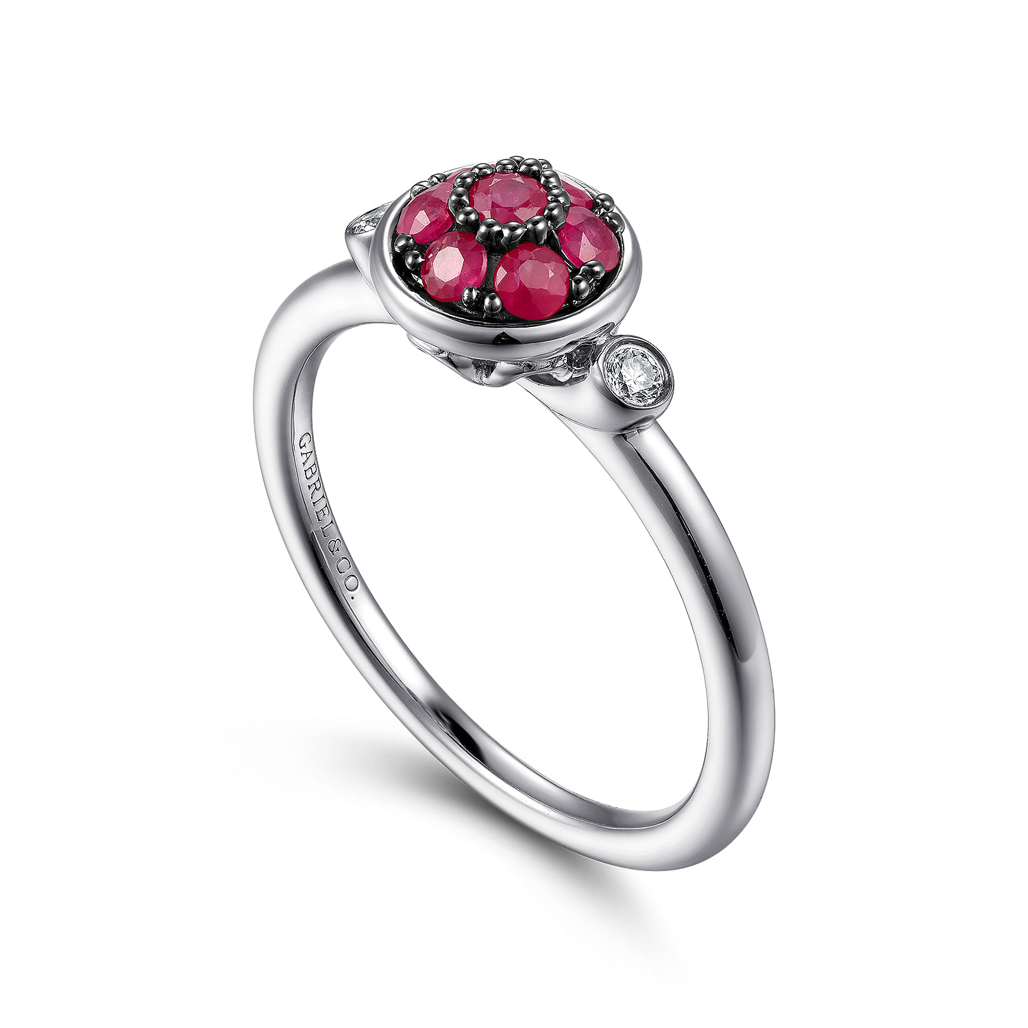 Bezel Set Diamond and Ruby Cluster Ring in Sterling Silver, photograph 3