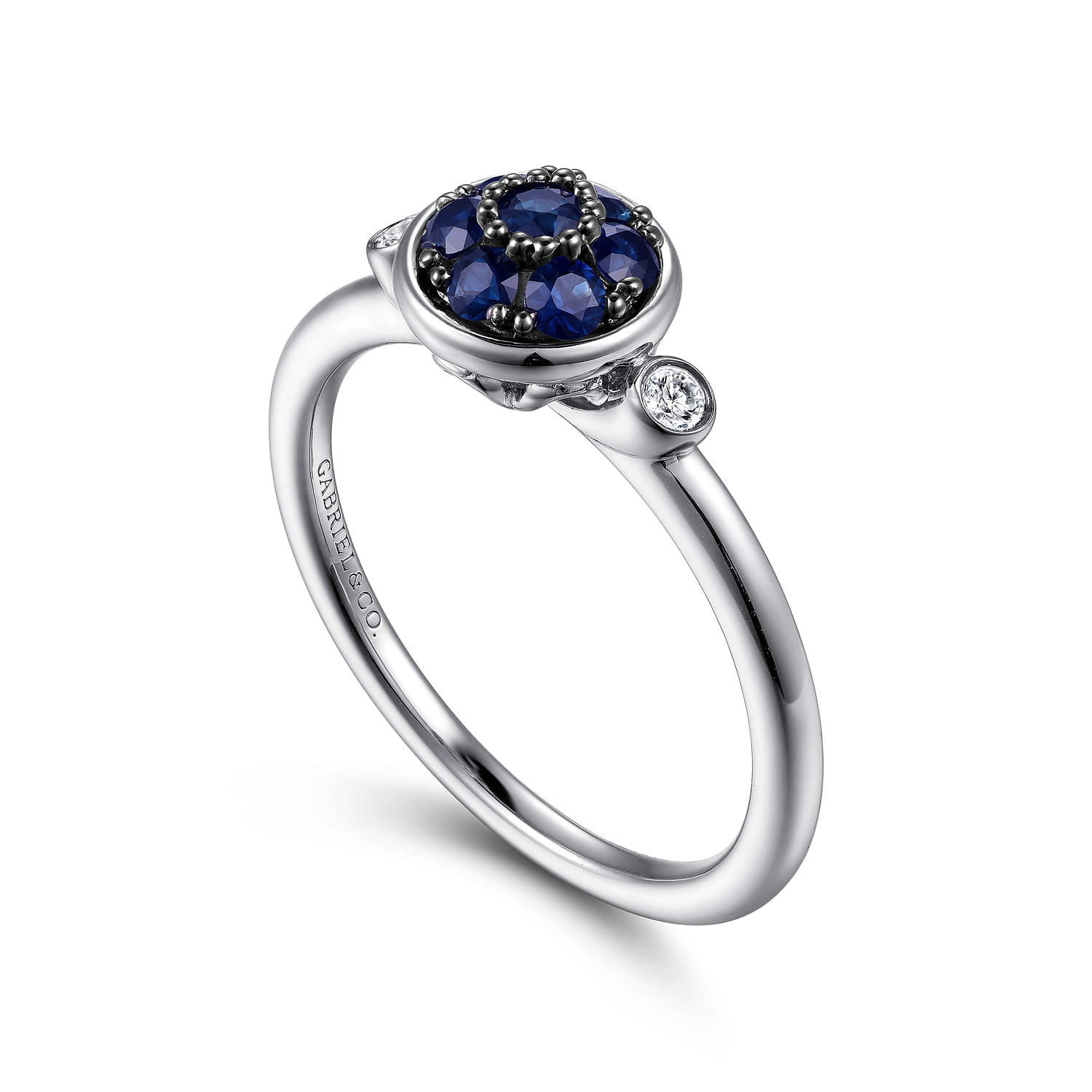Bezel Set Diamond and Blue Sapphire Cluster Ring in Sterling Silver, photograph 3
