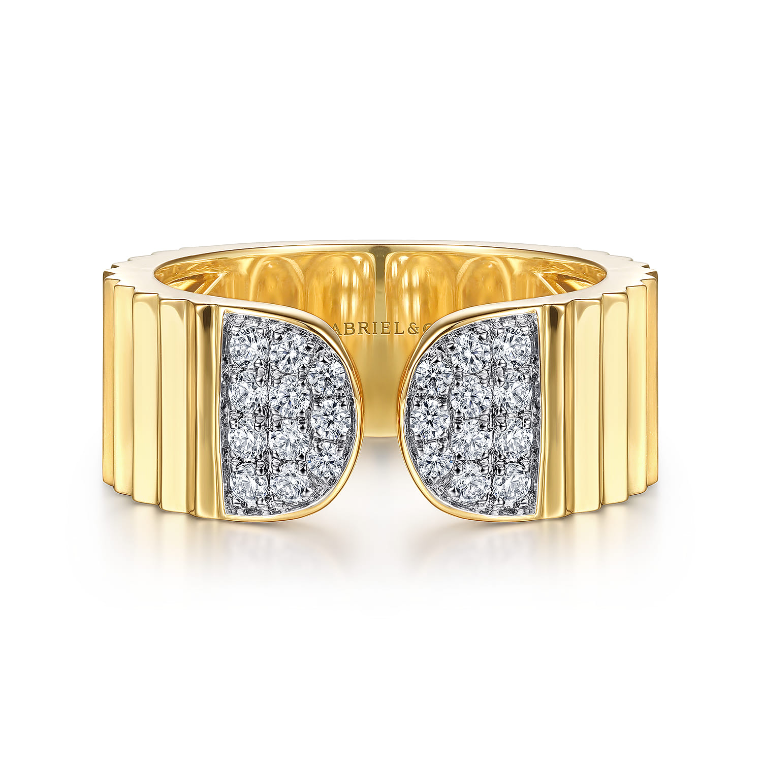 Open Ring with Diamond Pave End Caps and Diamond Cut Texture