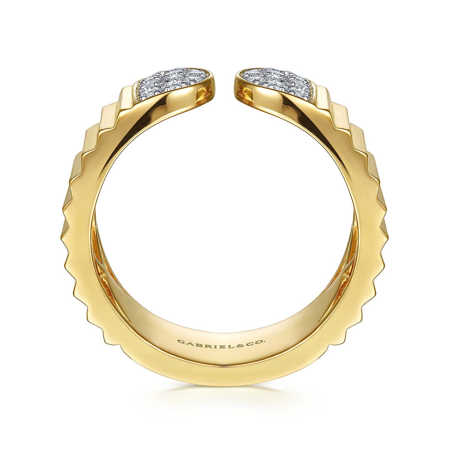 Open Ring with Diamond Pave End Caps and Diamond Cut Texture in 14K Yellow Gold, photograph 2