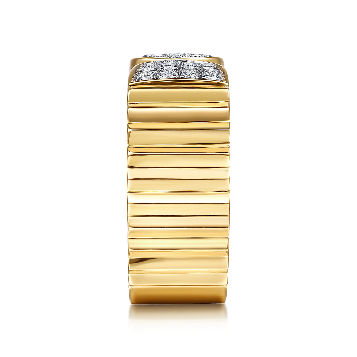 Open Ring with Diamond Pave End Caps and Diamond Cut Texture in 14K Yellow Gold, photograph 4