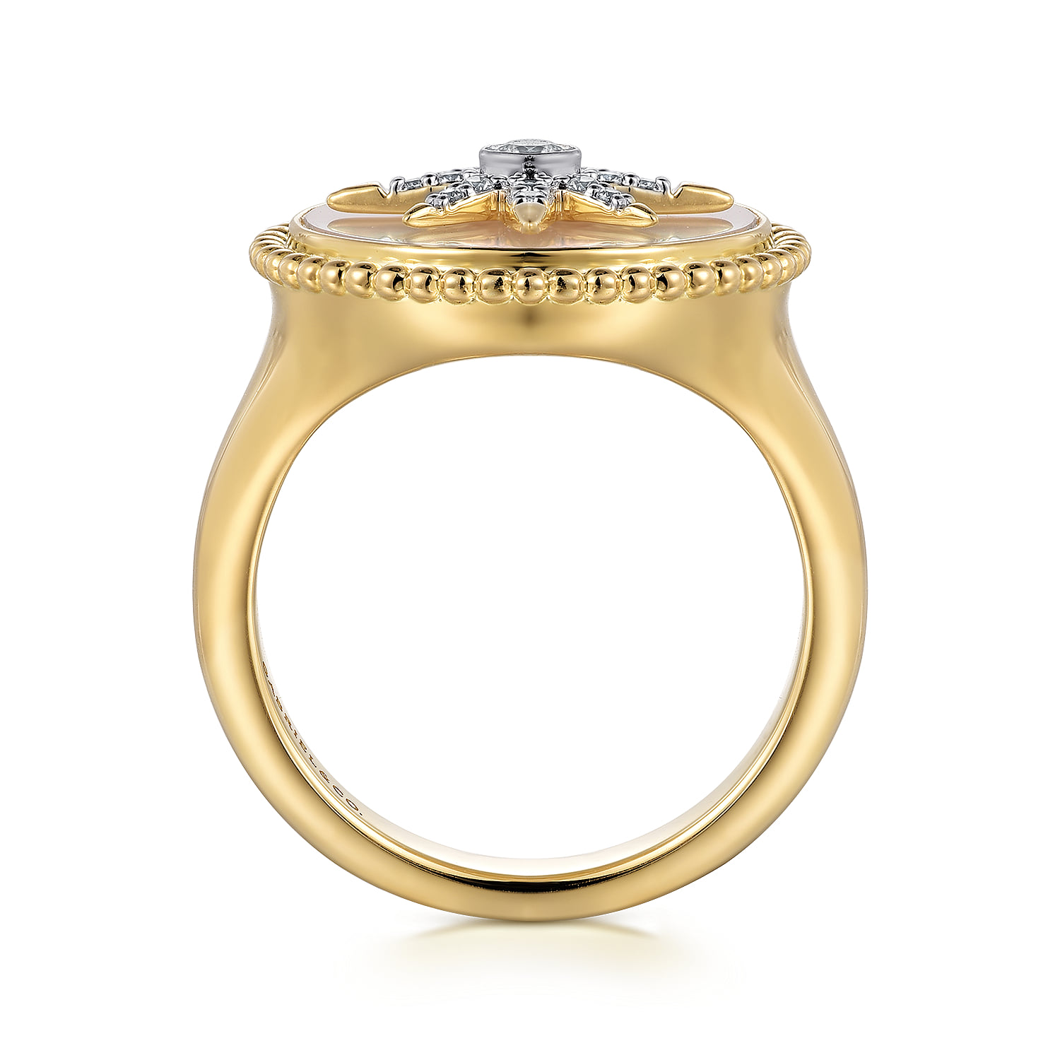Mother of Pearl Inlay and Diamond Starburst Signet Ring in 14K Yellow Gold, photograph 2
