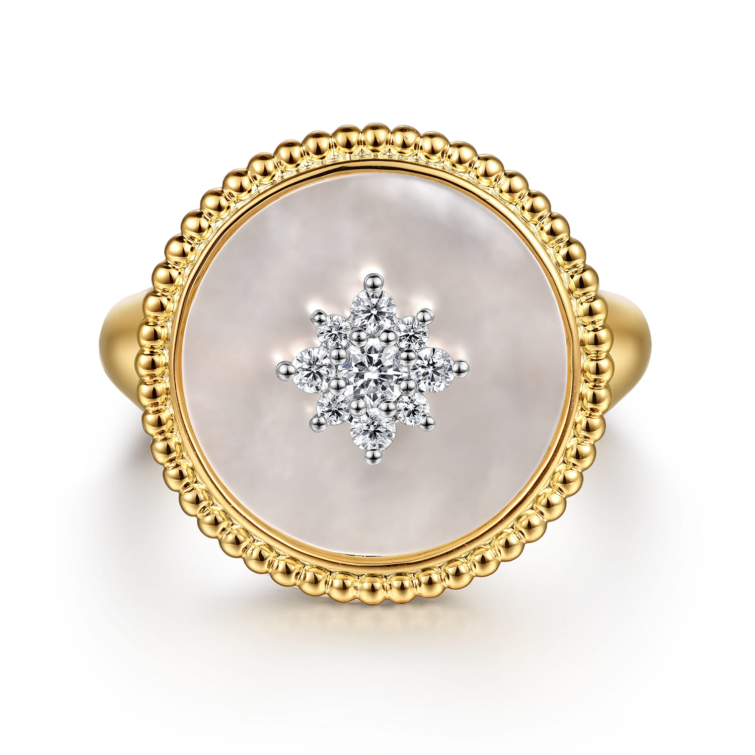 Bujukan Mother of Pearl Inlay and Diamond Starburst Signet Ring in 14K Yellow Gold