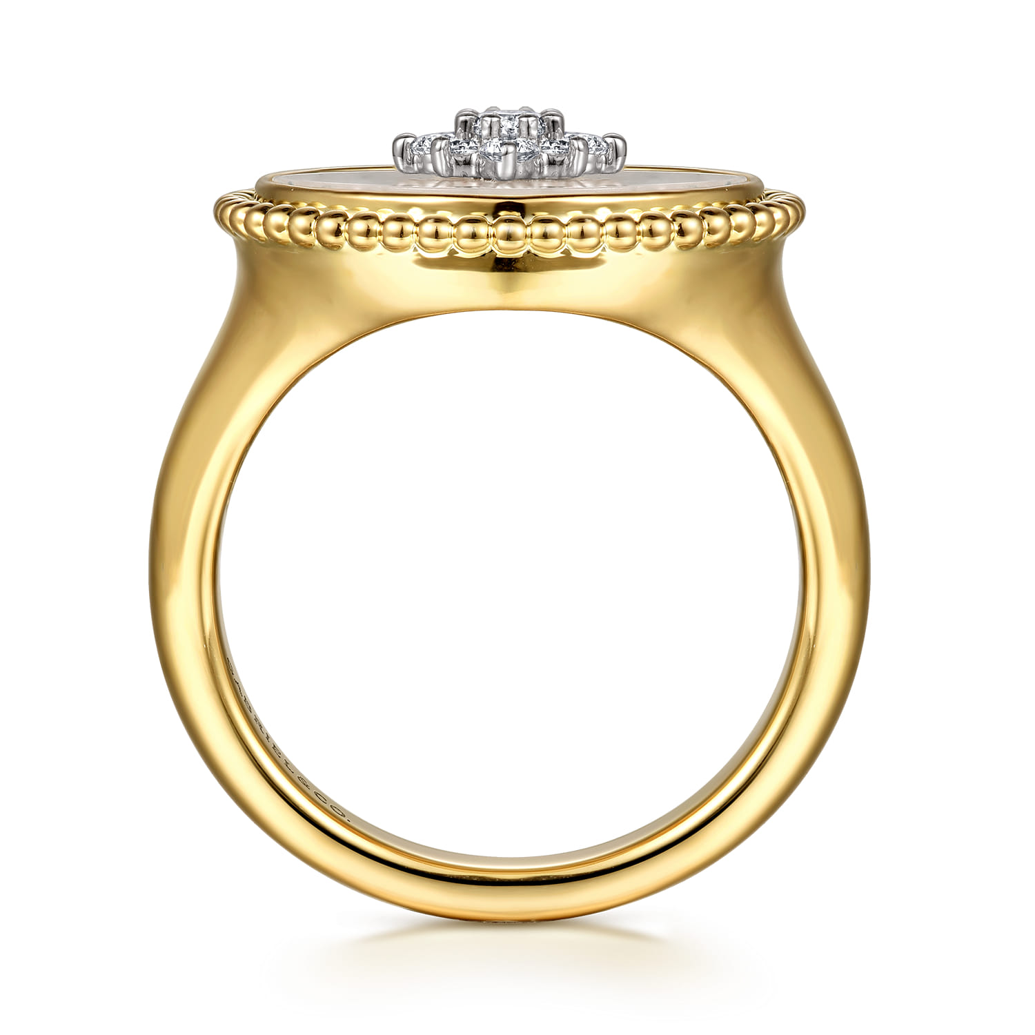 Bujukan Mother of Pearl Inlay and Diamond Starburst Signet Ring in 14K Yellow Gold, photograph 2