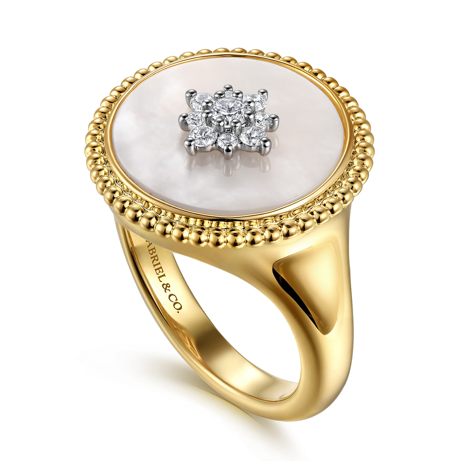 Bujukan Mother of Pearl Inlay and Diamond Starburst Signet Ring in 14K Yellow Gold, photograph 3