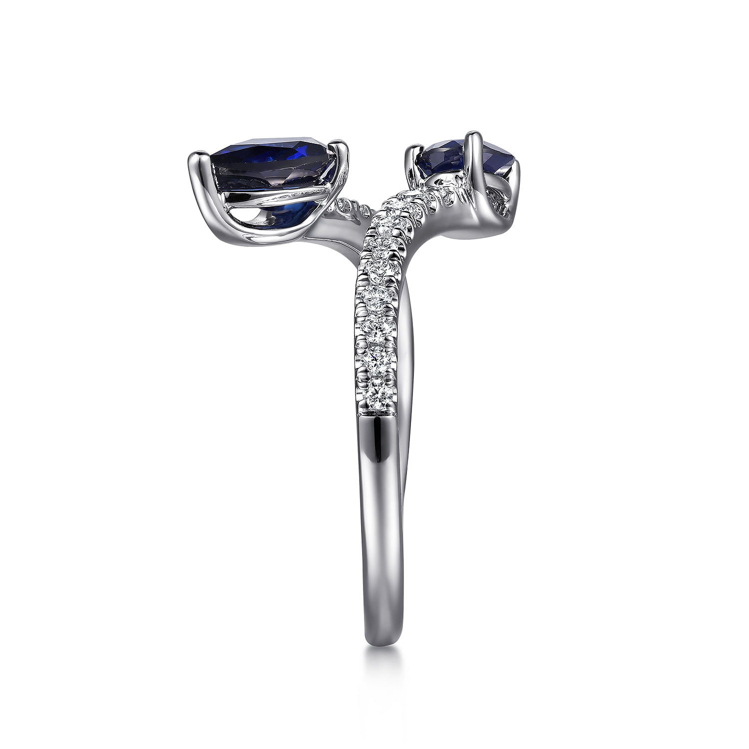 Diamond and Blue Sapphire Bypass Ring in 14K White Gold, photograph 4