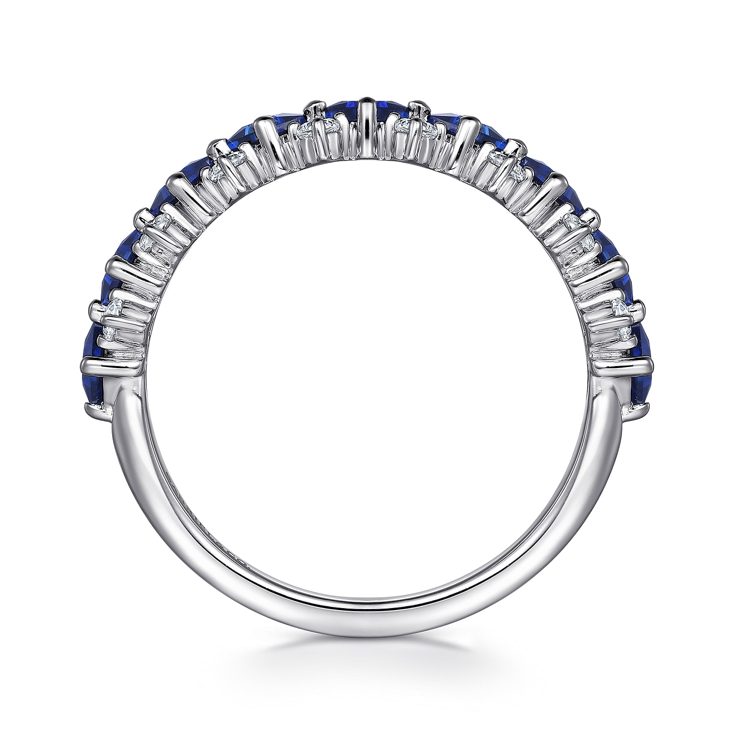 Diamond and Princess Cut Blue Sapphire Wide Band Ring in 14K White Gold, photograph 2
