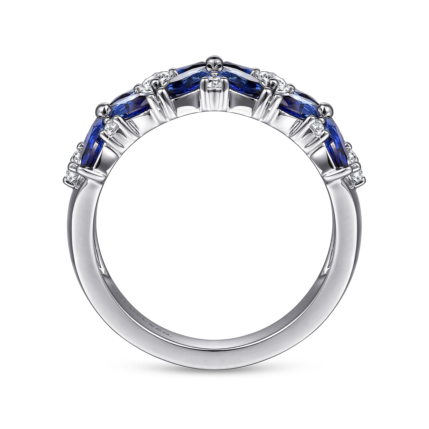 Diamond and Blue Sapphire Floral Wide Band Ring in 14K White Gold, photograph 2