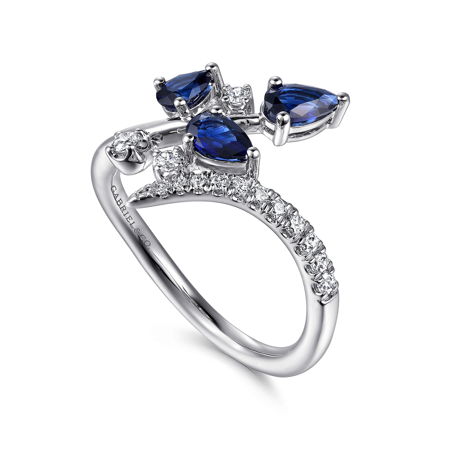 Diamond and Blue Sapphire Bypass Floral Ring in 14K White Gold, photograph 3