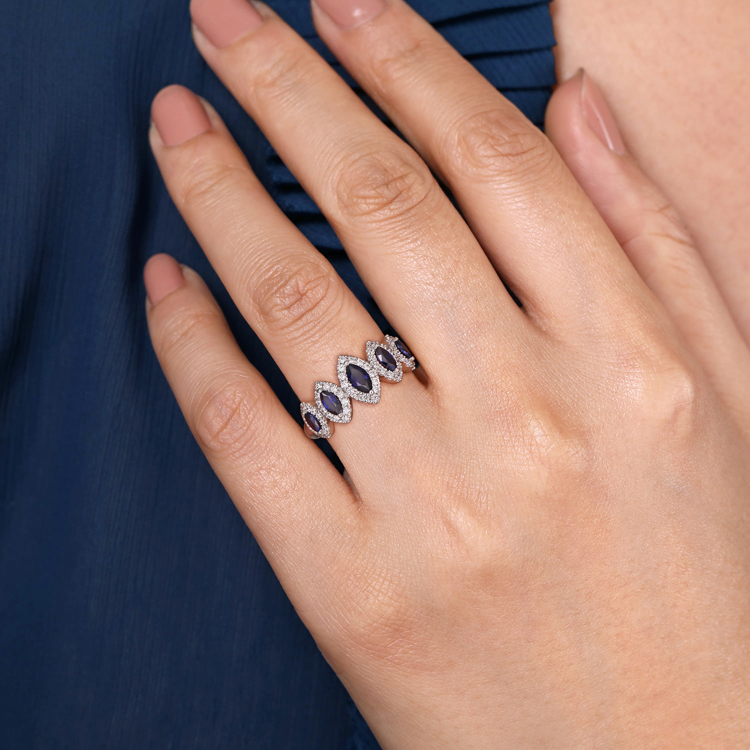 Blue Sapphire and Diamond Halo Marquise Ladies Ring in 14K White Gold, photograph 5