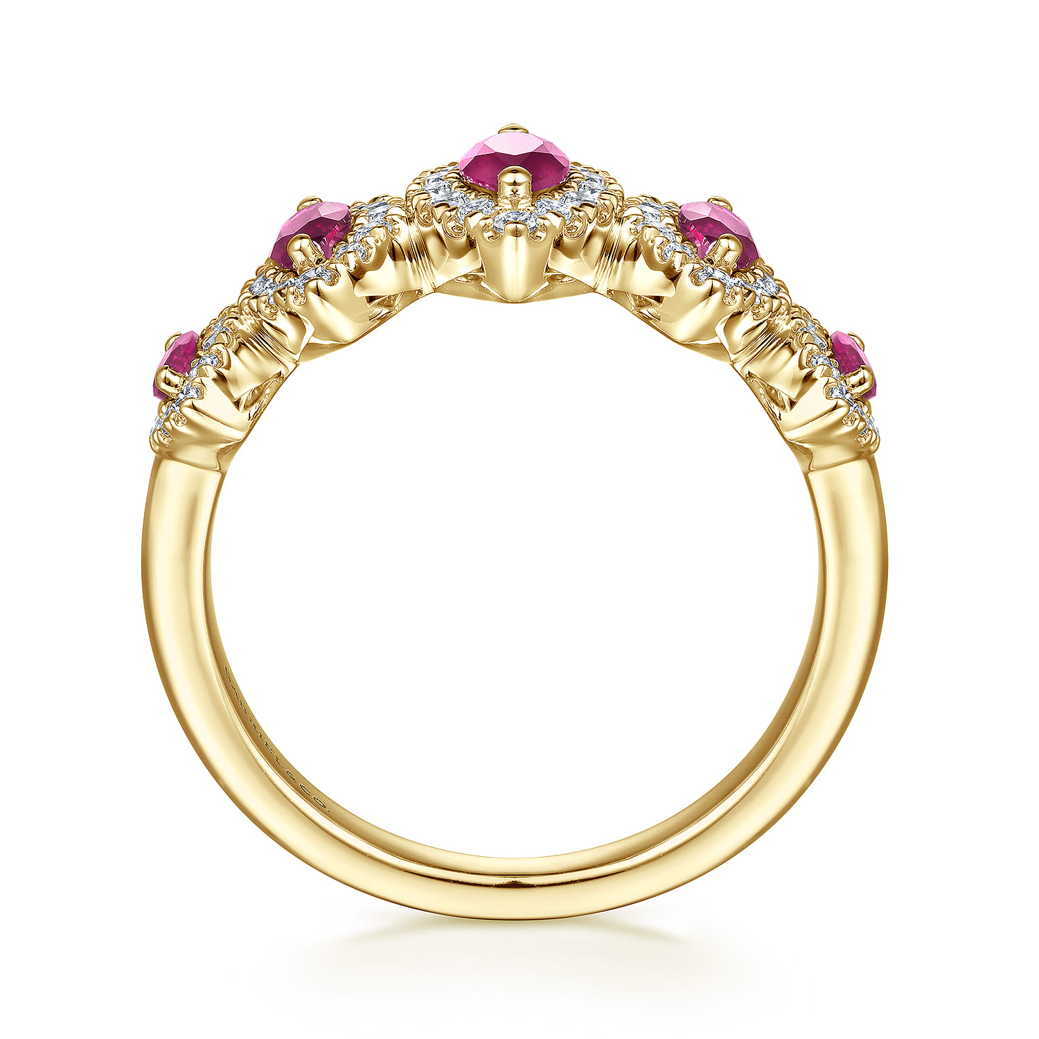 Ruby and Diamond Halo Marquise Ladies Ring in 14K Yellow Gold, photograph 2