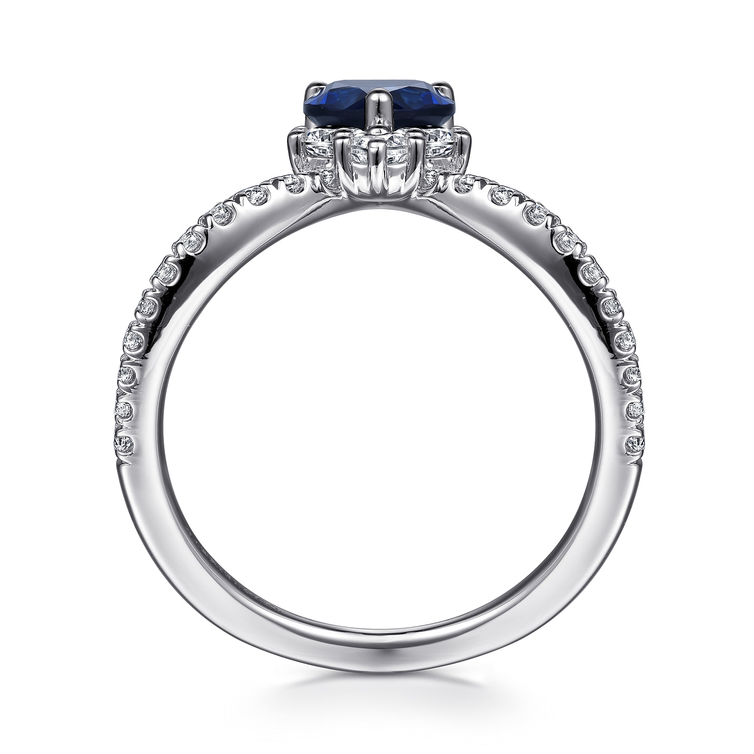 Diamond and Blue Sapphire Teardrop Chevron Ring in 14K White Gold, photograph 2